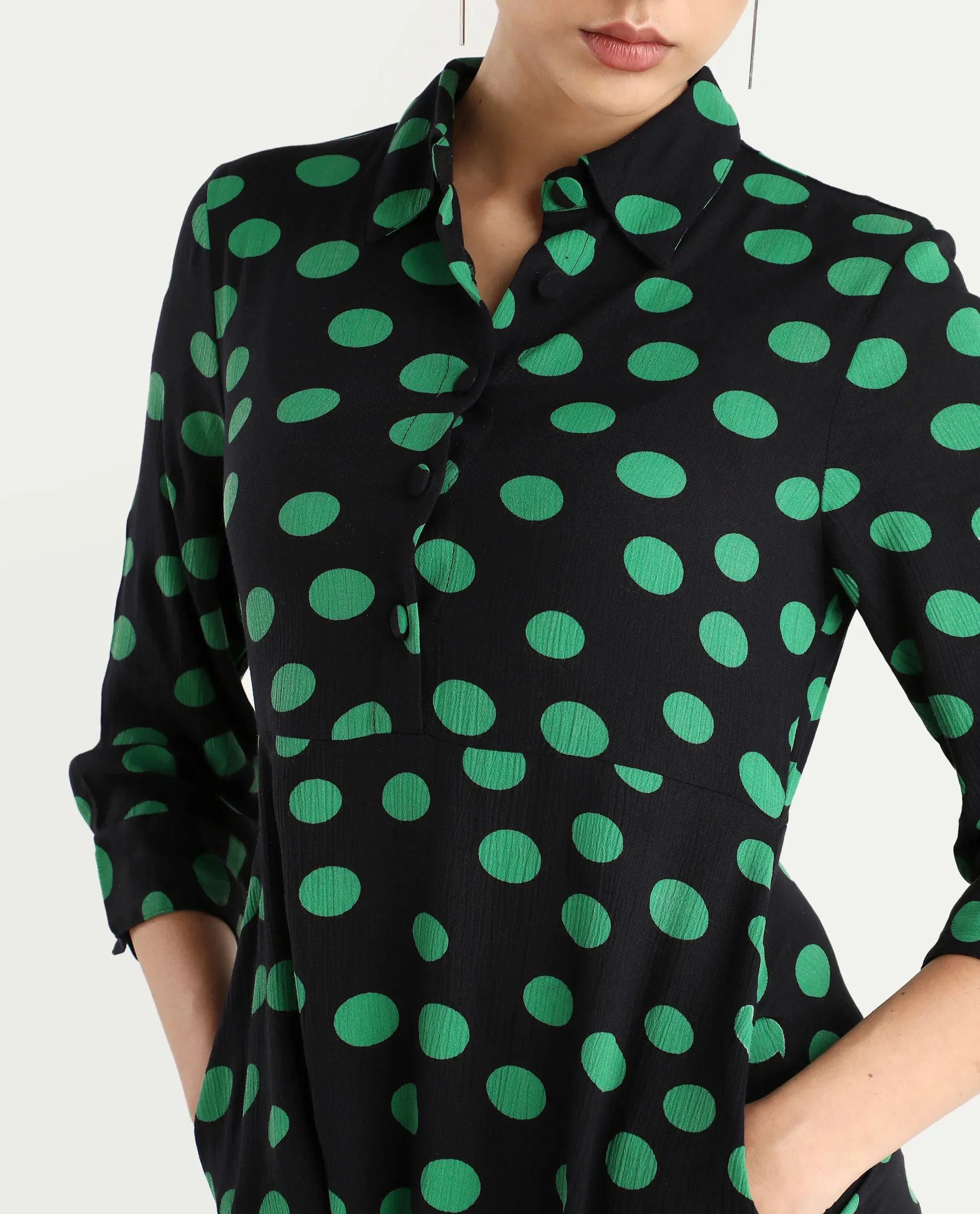 Rareism Women's Winslet Black Rayon Drop Collar Polka Print Cuffed Sleeve Maxi Flared Dress - Image 4