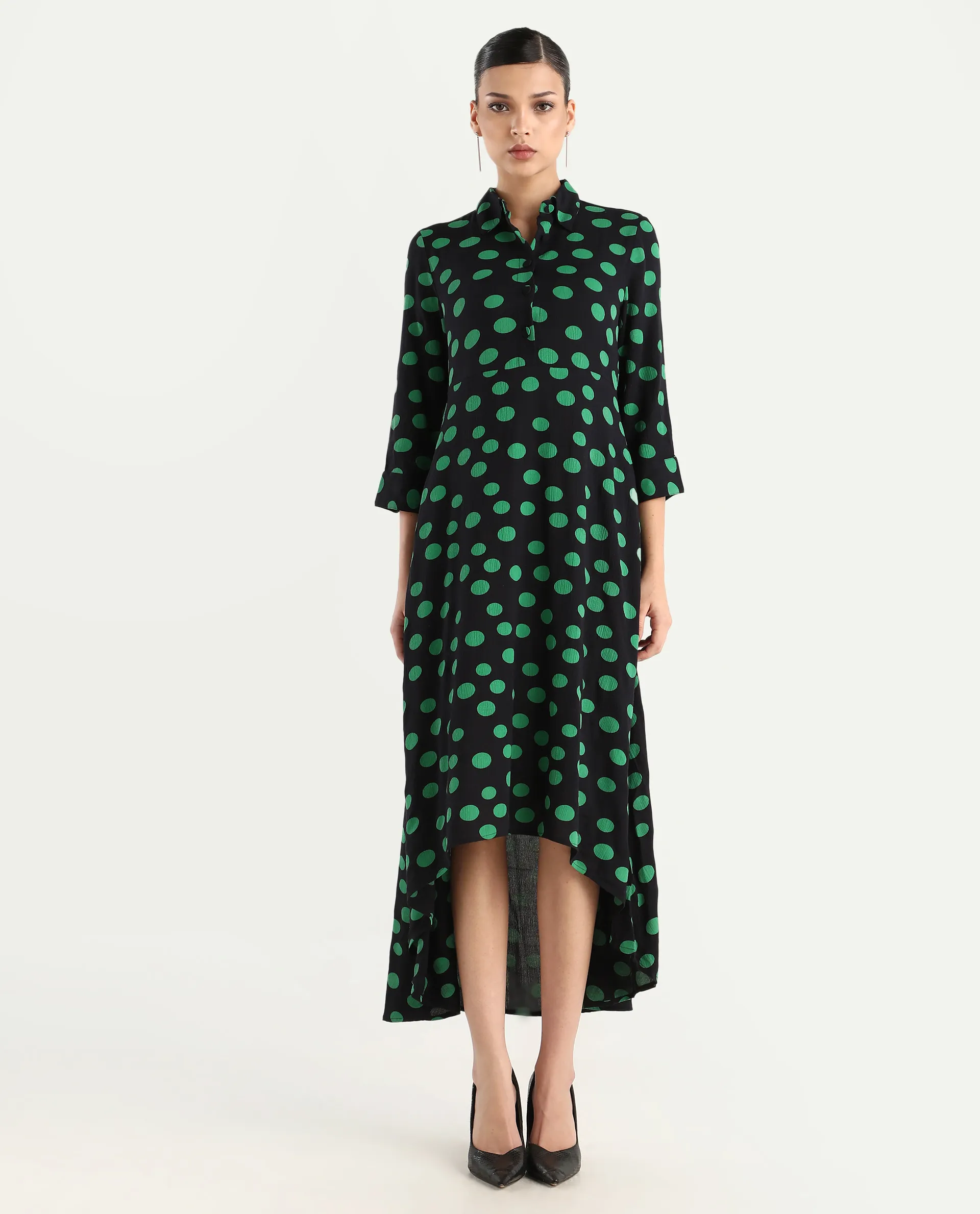 Rareism Women's Winslet Black Rayon Drop Collar Polka Print Cuffed Sleeve Maxi Flared Dress - Image 5