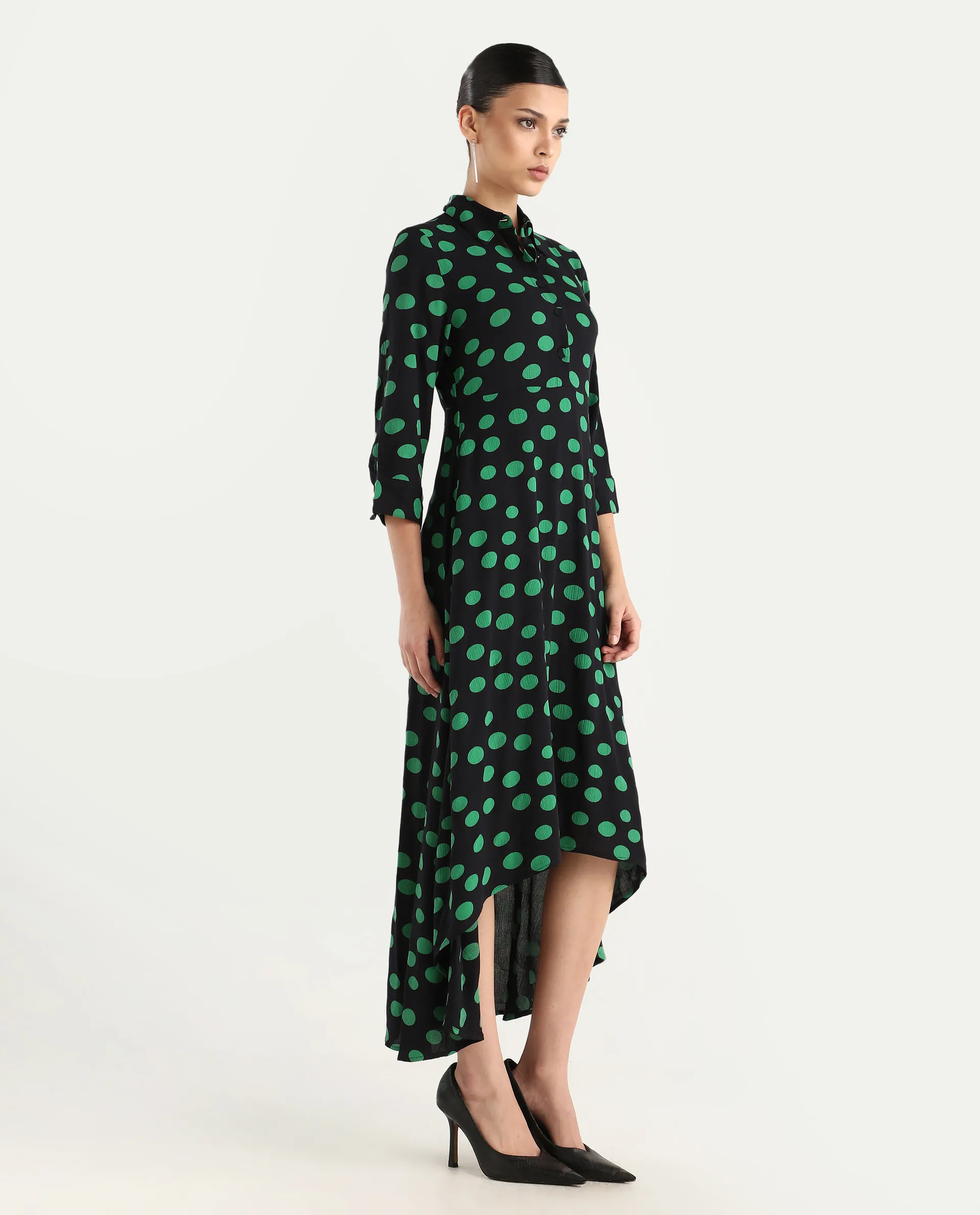 Rareism Women's Winslet Black Rayon Drop Collar Polka Print Cuffed Sleeve Maxi Flared Dress - Image 6
