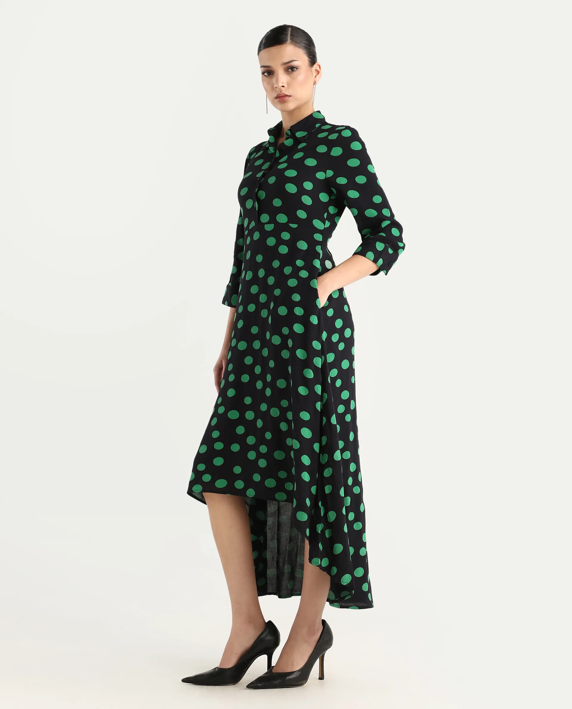 Rareism Women's Winslet Black Rayon Drop Collar Polka Print Cuffed Sleeve Maxi Flared Dress - Image 7