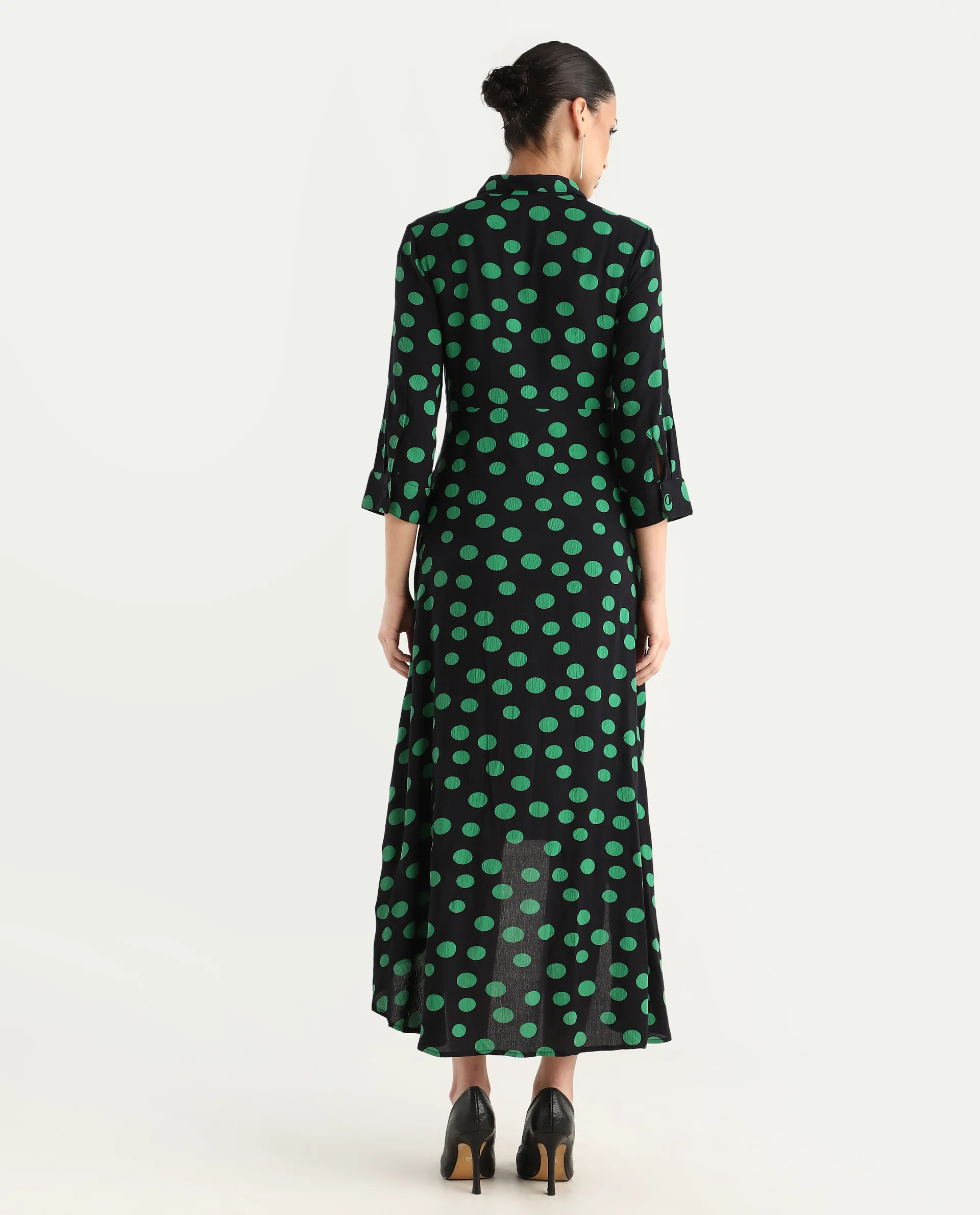 Rareism Women's Winslet Black Rayon Drop Collar Polka Print Cuffed Sleeve Maxi Flared Dress - Image 8