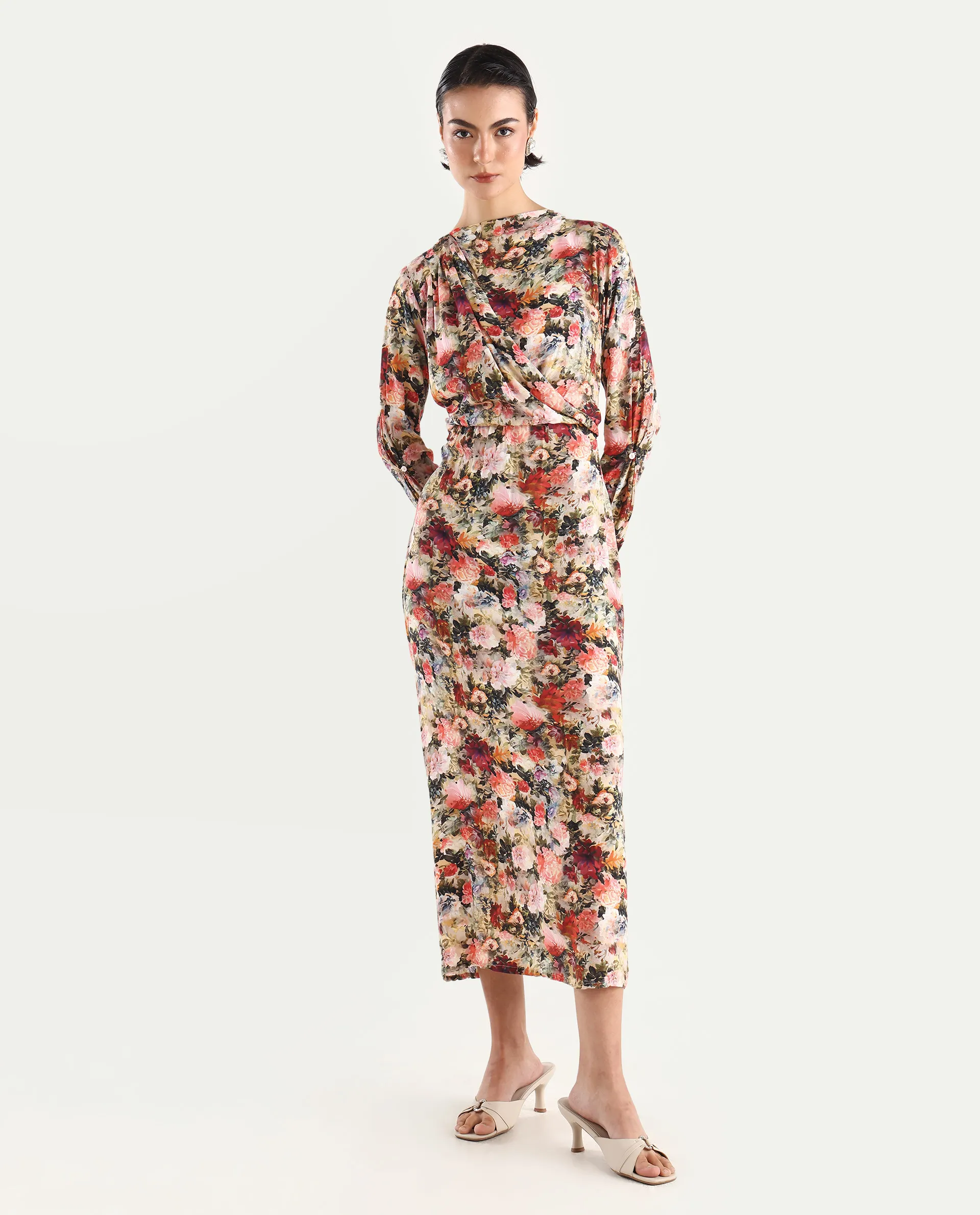 Rareism Women's Winza Dark Red Viscose Blend Cowl Neck Floral Print Midi Straight Fit Dress - Image 2