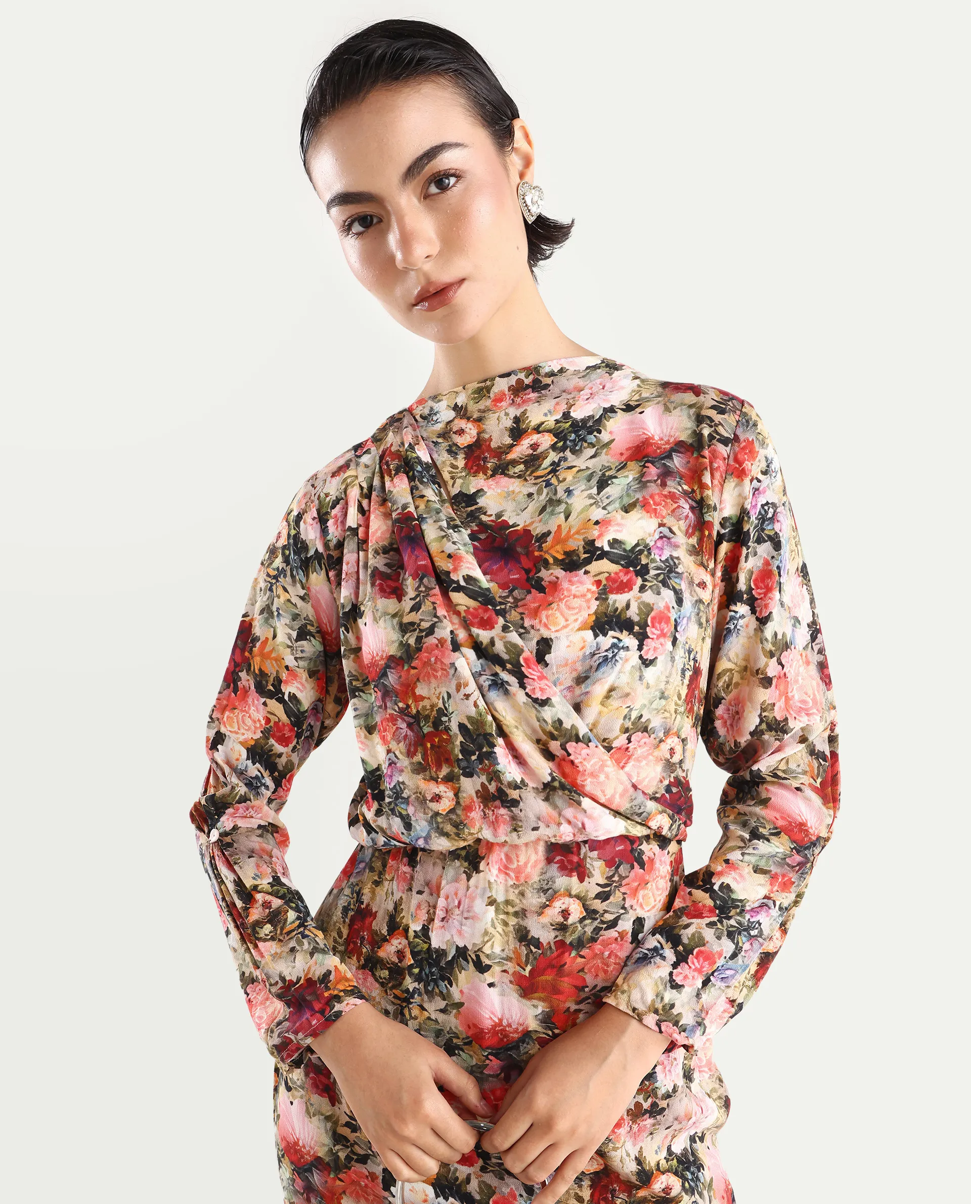Rareism Women's Winza Dark Red Viscose Blend Cowl Neck Floral Print Midi Straight Fit Dress - Image 3