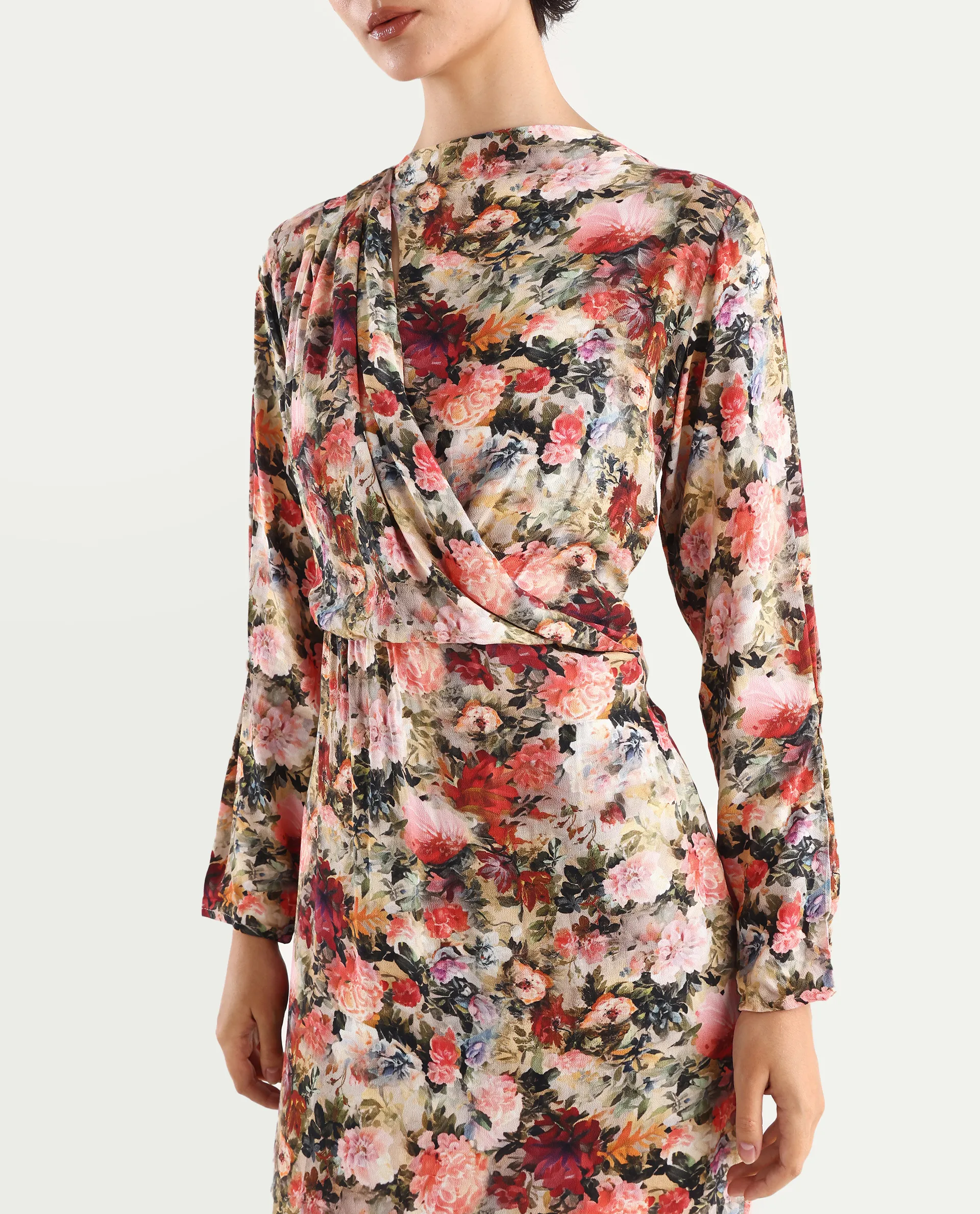 Rareism Women's Winza Dark Red Viscose Blend Cowl Neck Floral Print Midi Straight Fit Dress - Image 4