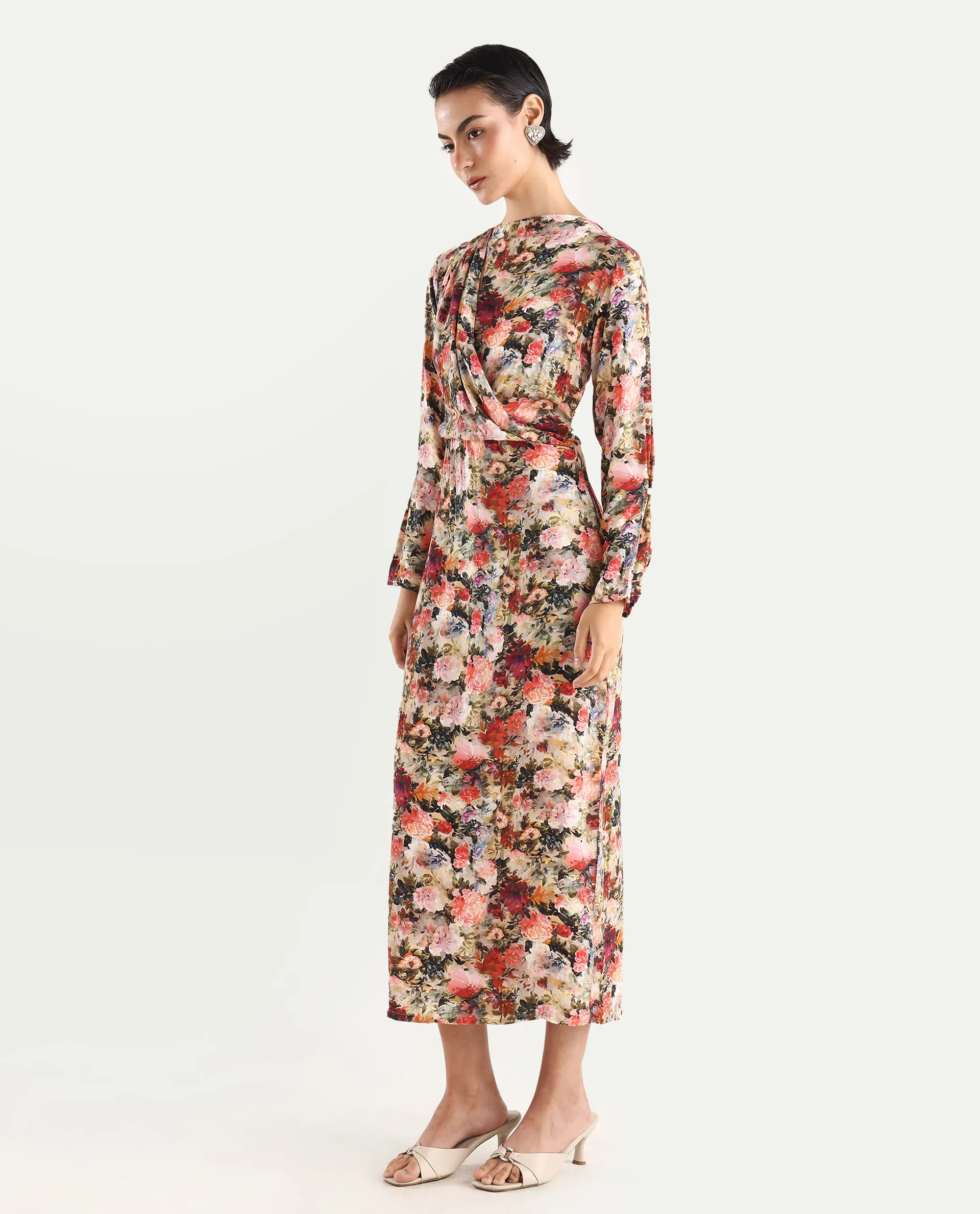Rareism Women's Winza Dark Red Viscose Blend Cowl Neck Floral Print Midi Straight Fit Dress - Image 5