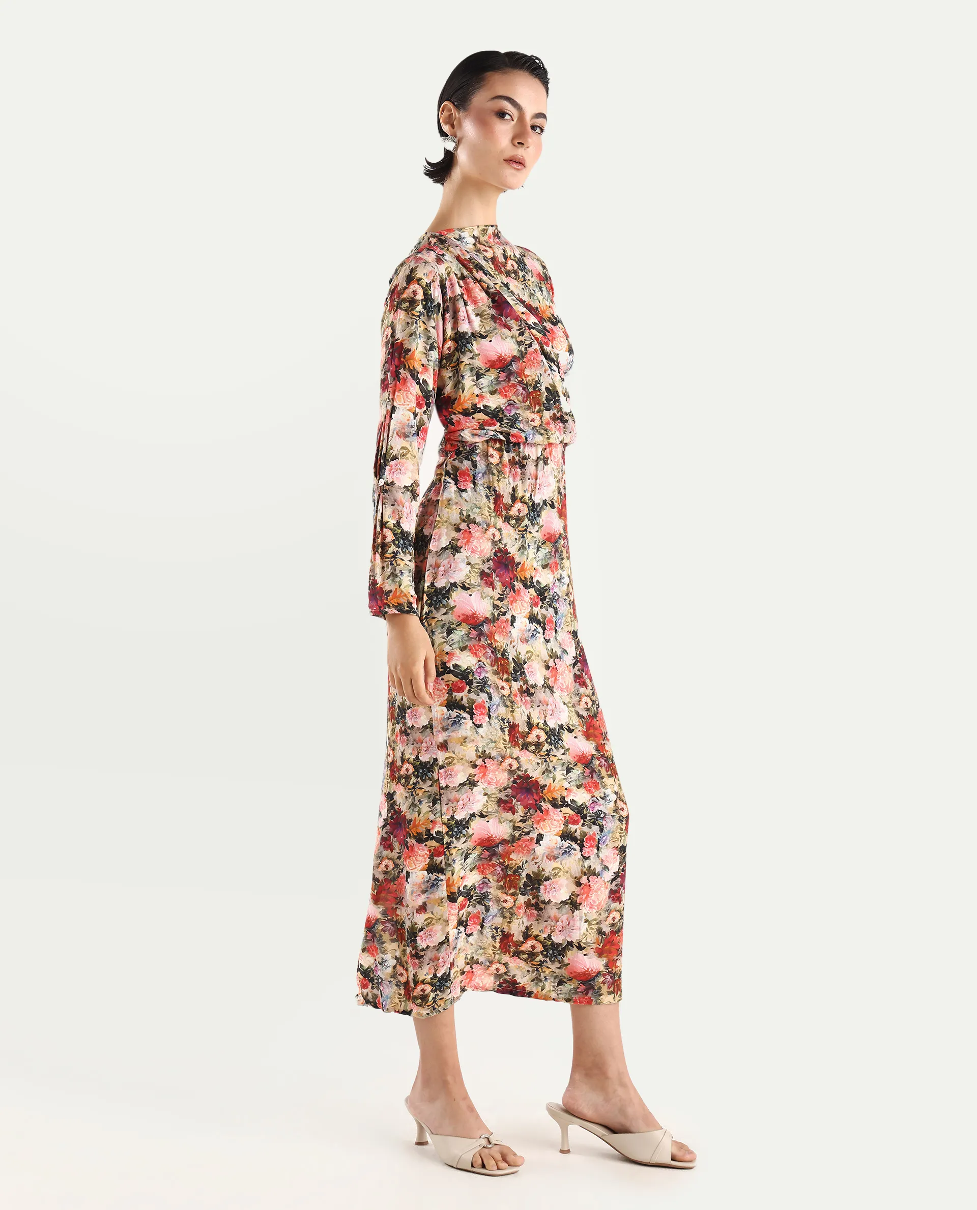 Rareism Women's Winza Dark Red Viscose Blend Cowl Neck Floral Print Midi Straight Fit Dress - Image 6