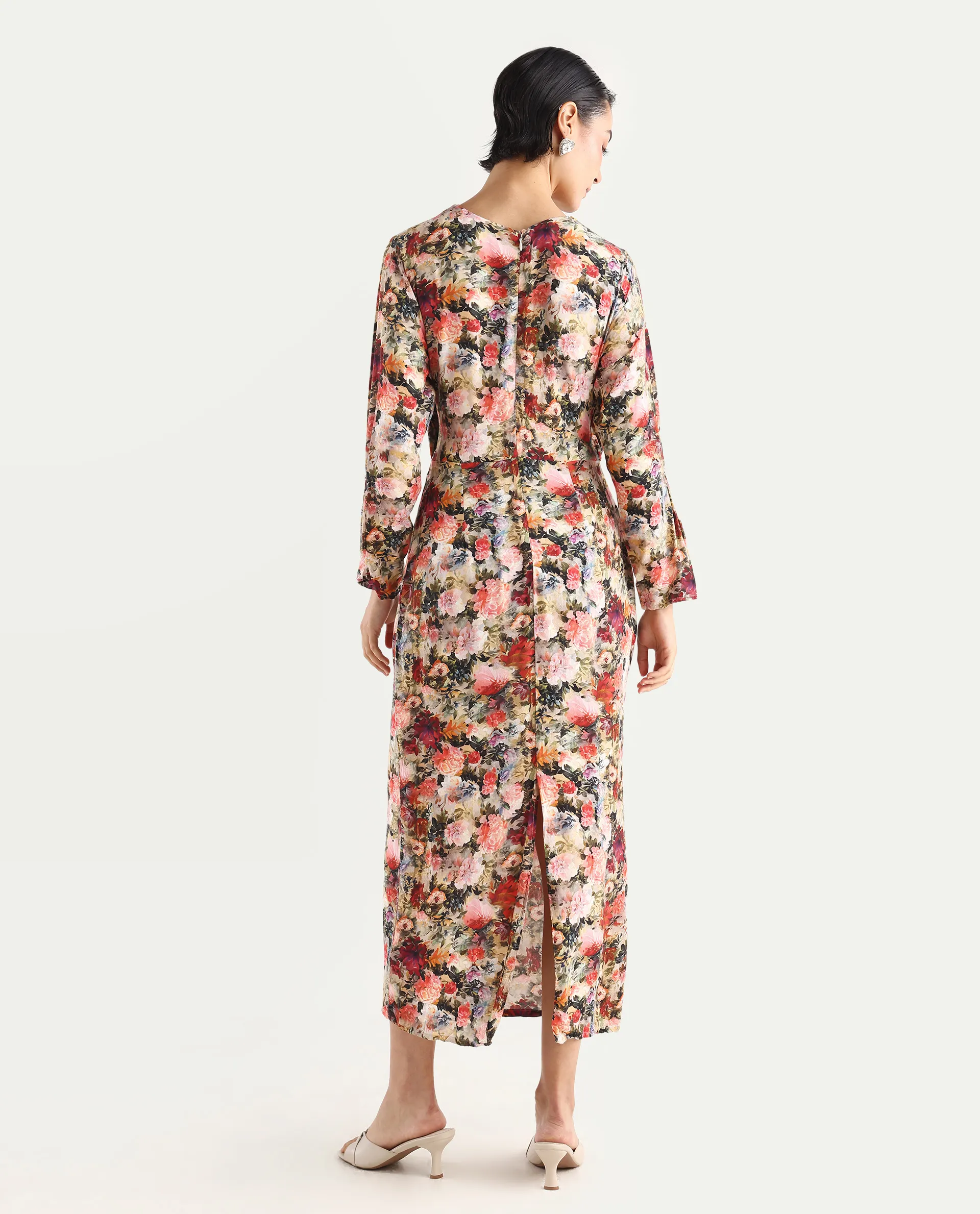 Rareism Women's Winza Dark Red Viscose Blend Cowl Neck Floral Print Midi Straight Fit Dress - Image 7