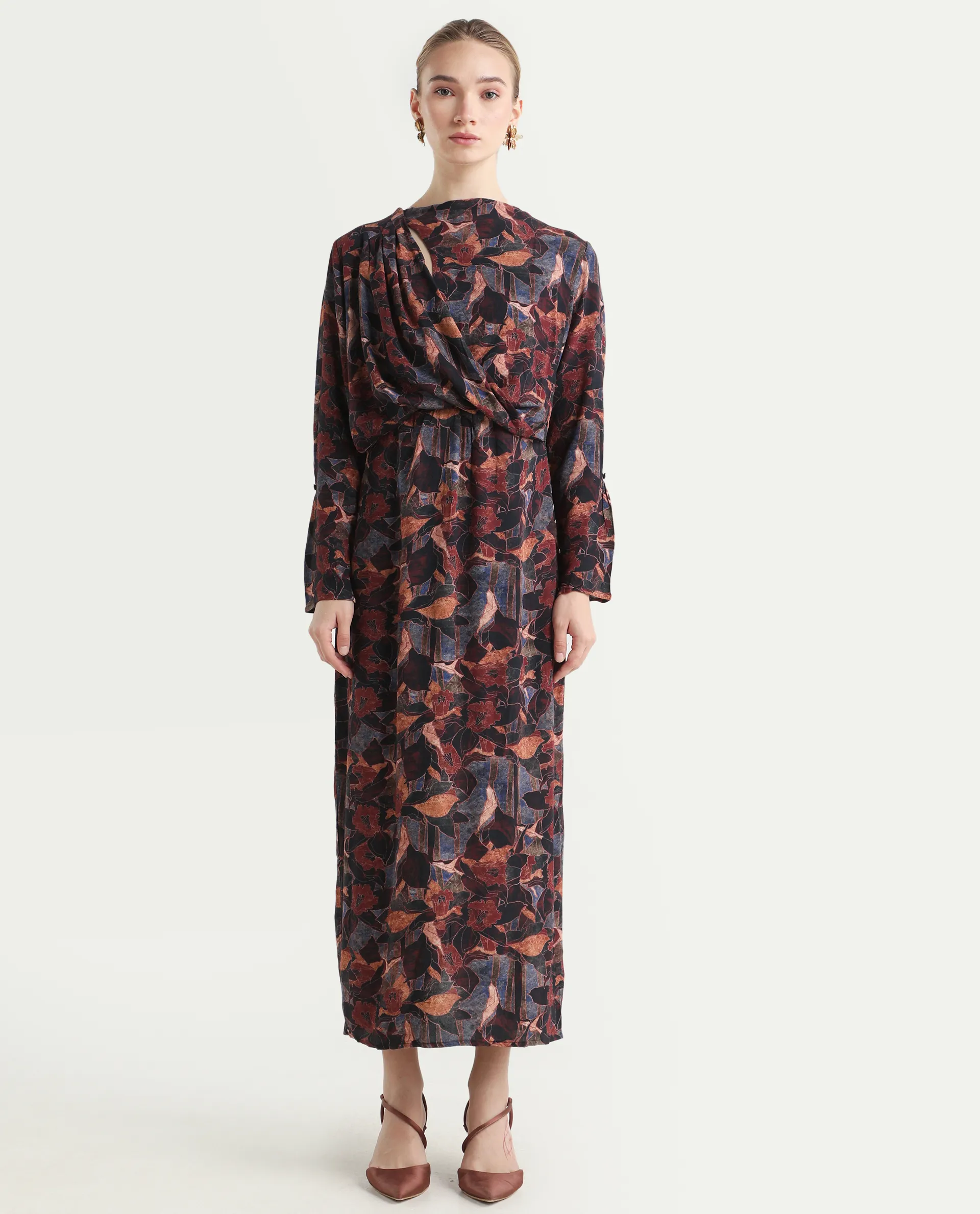 Rareism Women's Winzop Multi Viscose Blend Cowl Neck Floral Print Midi Straight Fit Dress - Image 3
