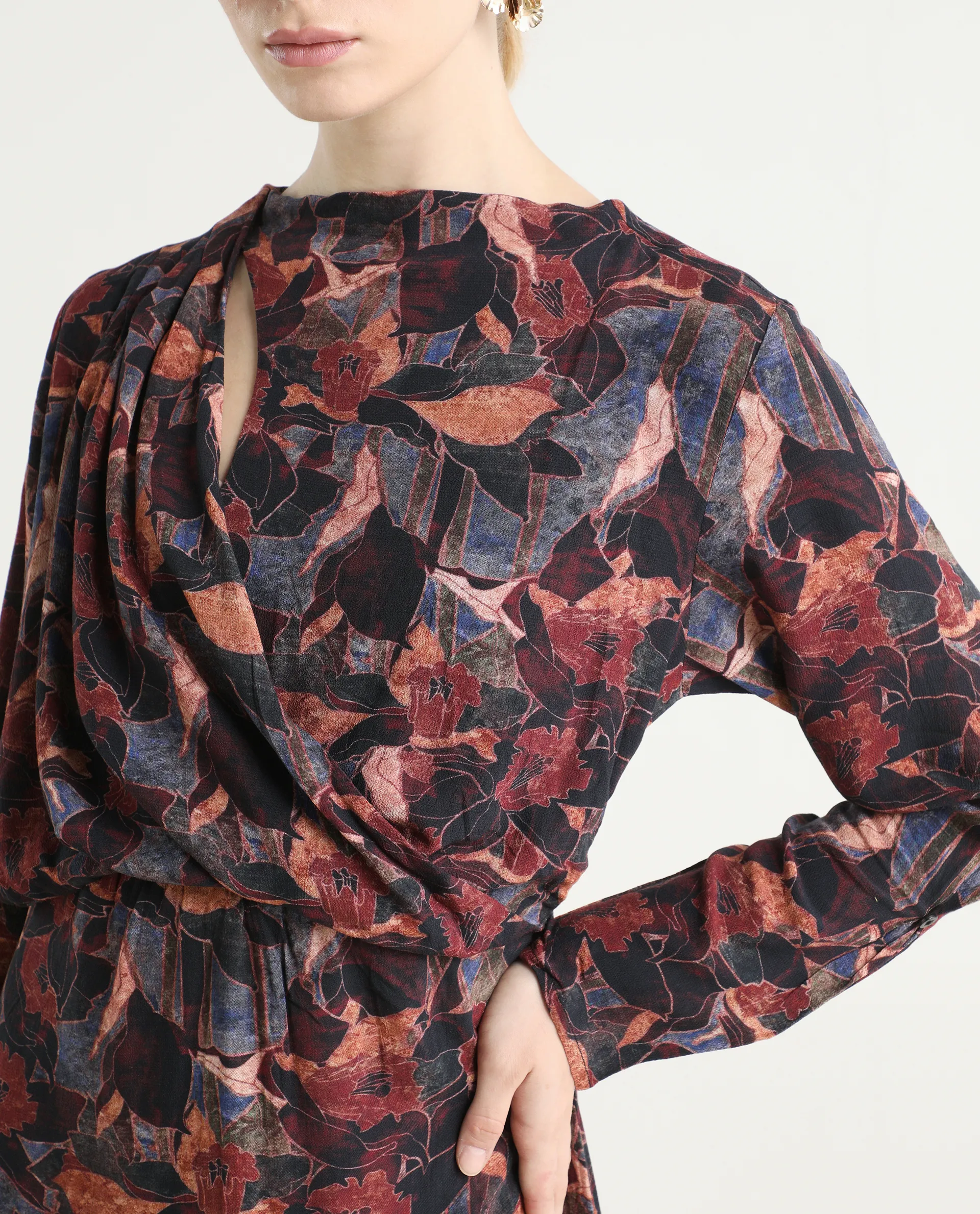 Rareism Women's Winzop Multi Viscose Blend Cowl Neck Floral Print Midi Straight Fit Dress - Image 4