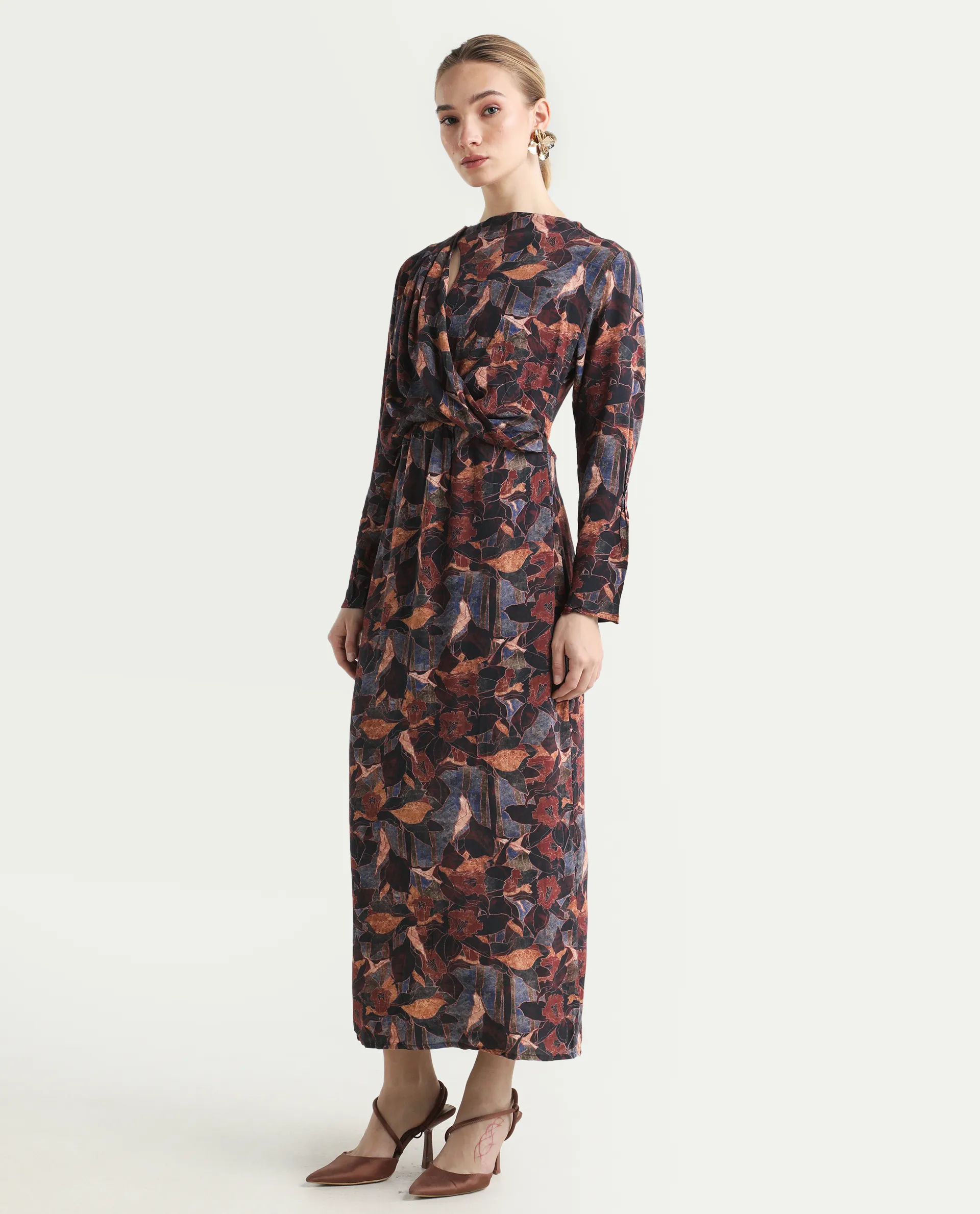 Rareism Women's Winzop Multi Viscose Blend Cowl Neck Floral Print Midi Straight Fit Dress - Image 5