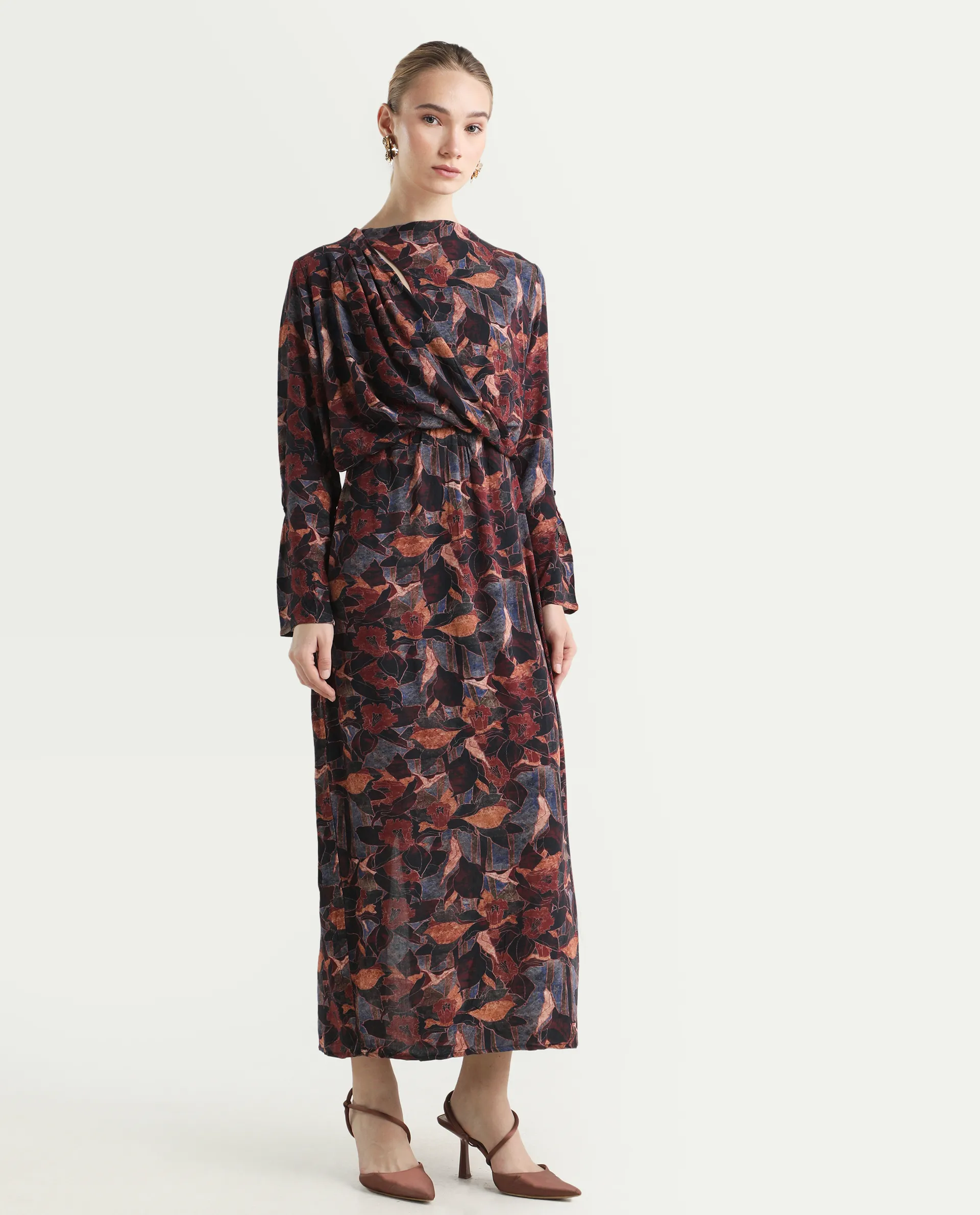Rareism Women's Winzop Multi Viscose Blend Cowl Neck Floral Print Midi Straight Fit Dress - Image 6