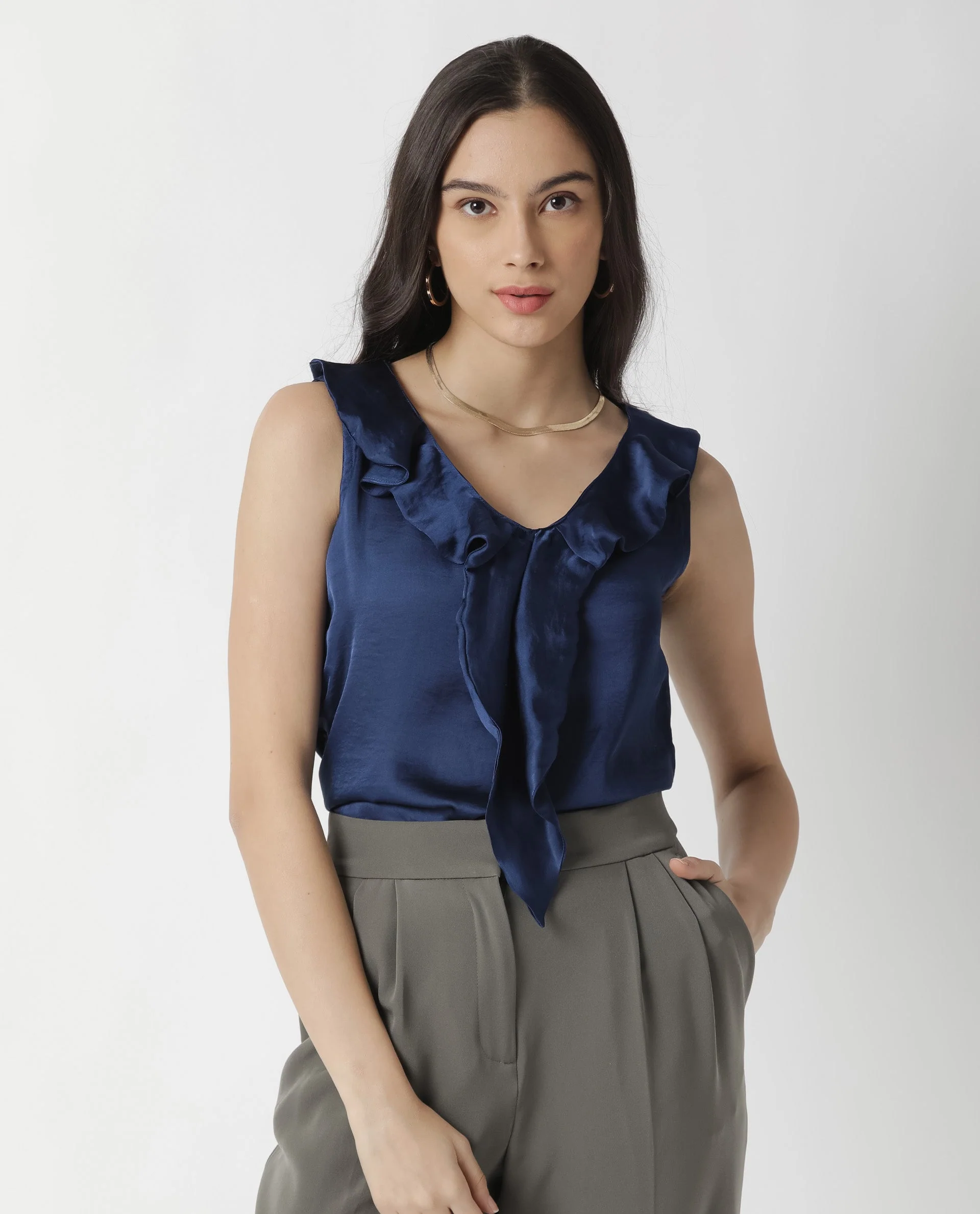 Rareism Womens Wishin Navy Top Modal Fabric Regular Fit Sleeveless Ruffled Neck