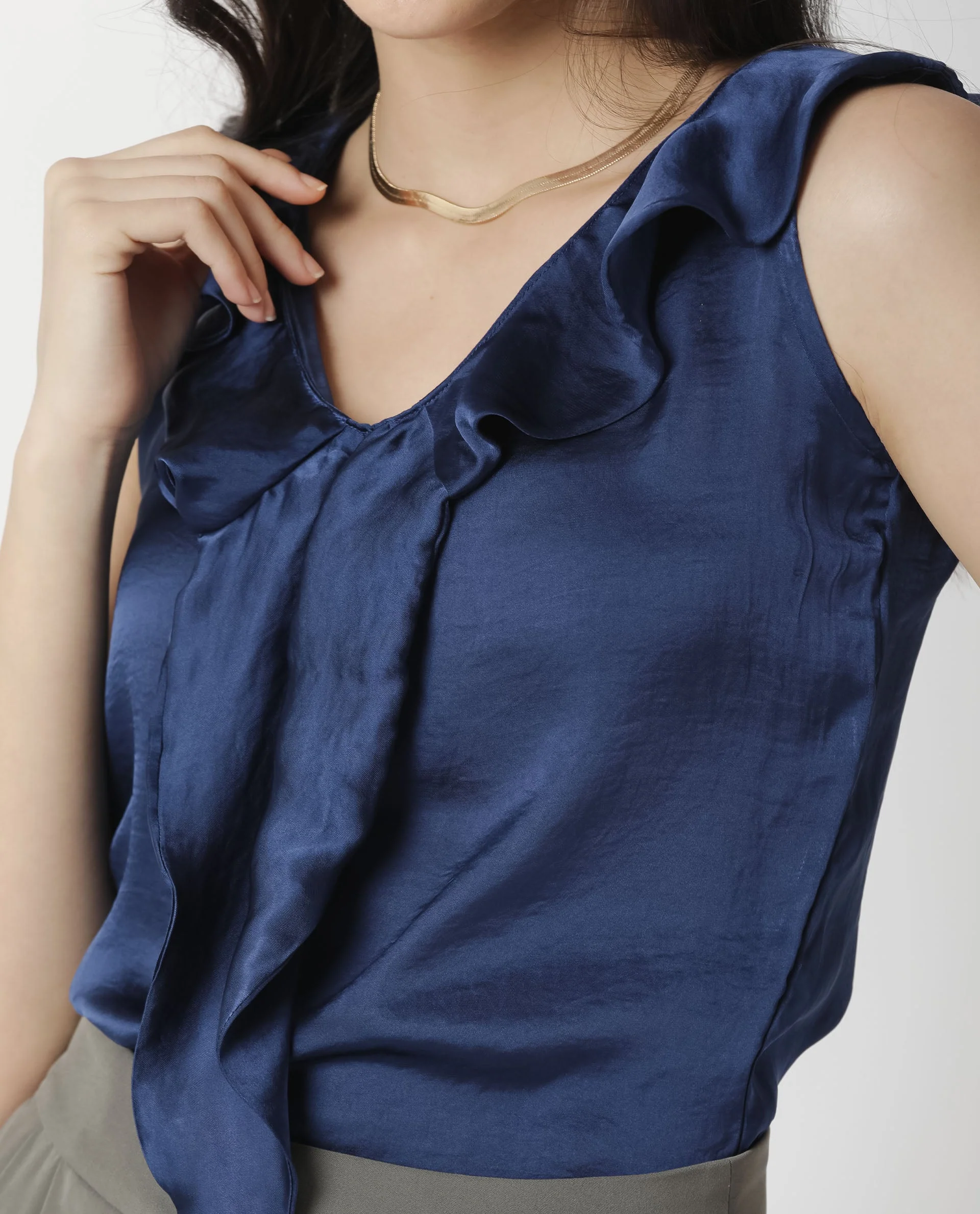 Rareism Womens Wishin Navy Top Modal Fabric Regular Fit Sleeveless Ruffled Neck - Image 2