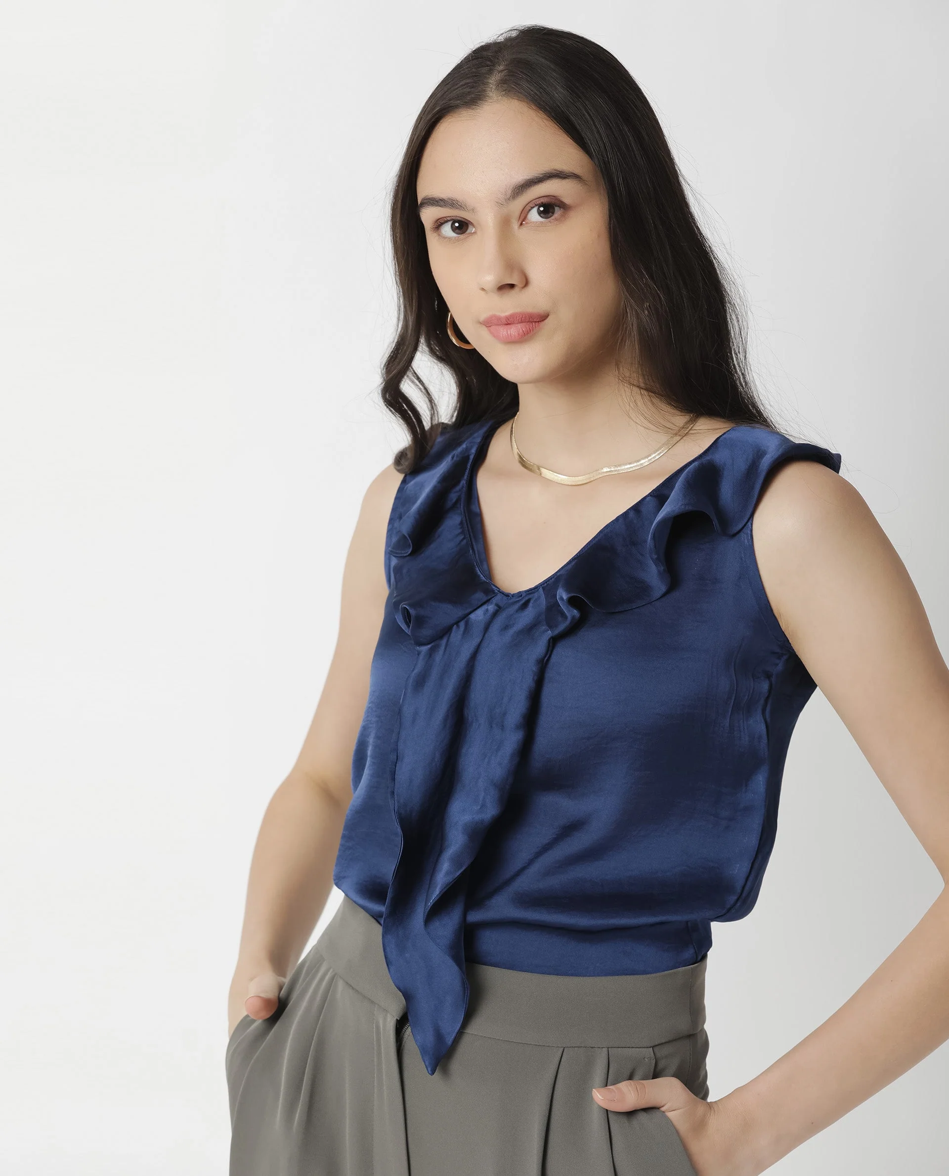 Rareism Womens Wishin Navy Top Modal Fabric Regular Fit Sleeveless Ruffled Neck - Image 3