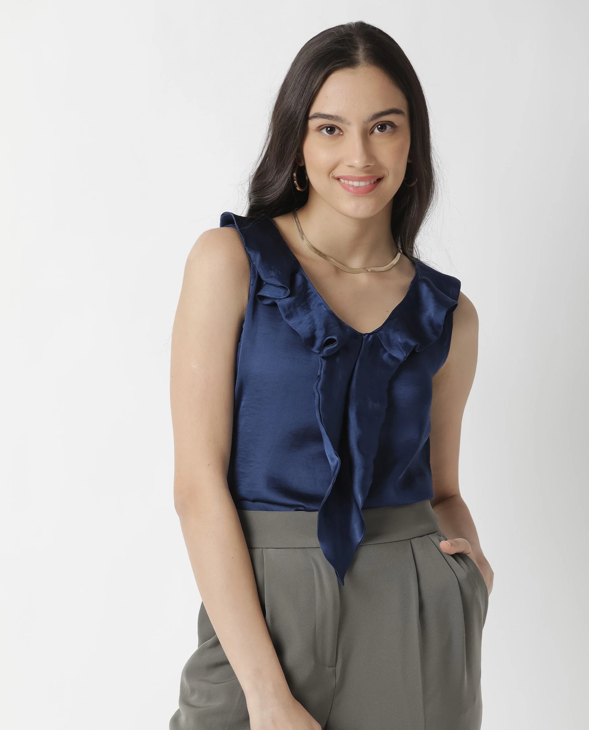 Rareism Womens Wishin Navy Top Modal Fabric Regular Fit Sleeveless Ruffled Neck - Image 4