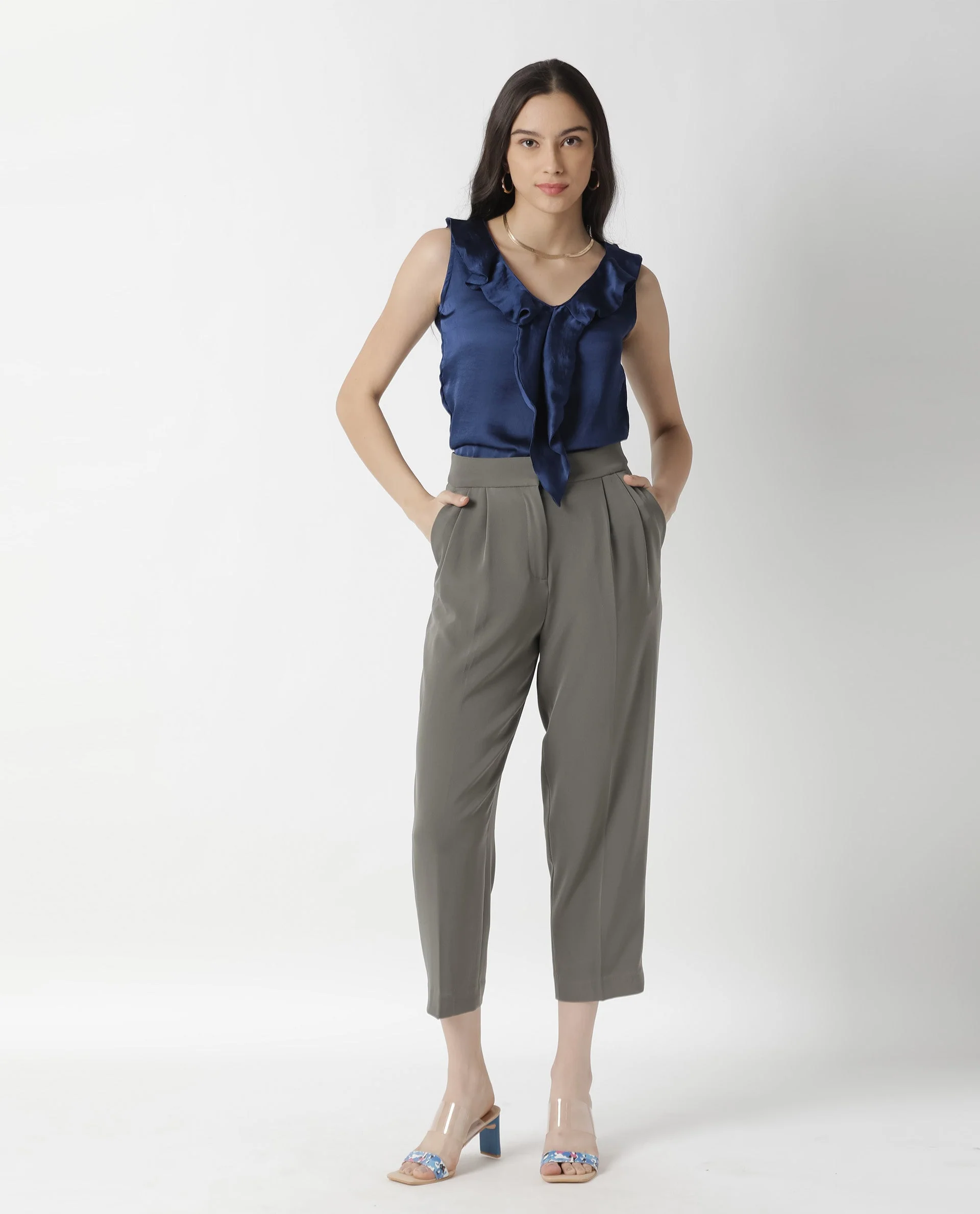 Rareism Womens Wishin Navy Top Modal Fabric Regular Fit Sleeveless Ruffled Neck - Image 5