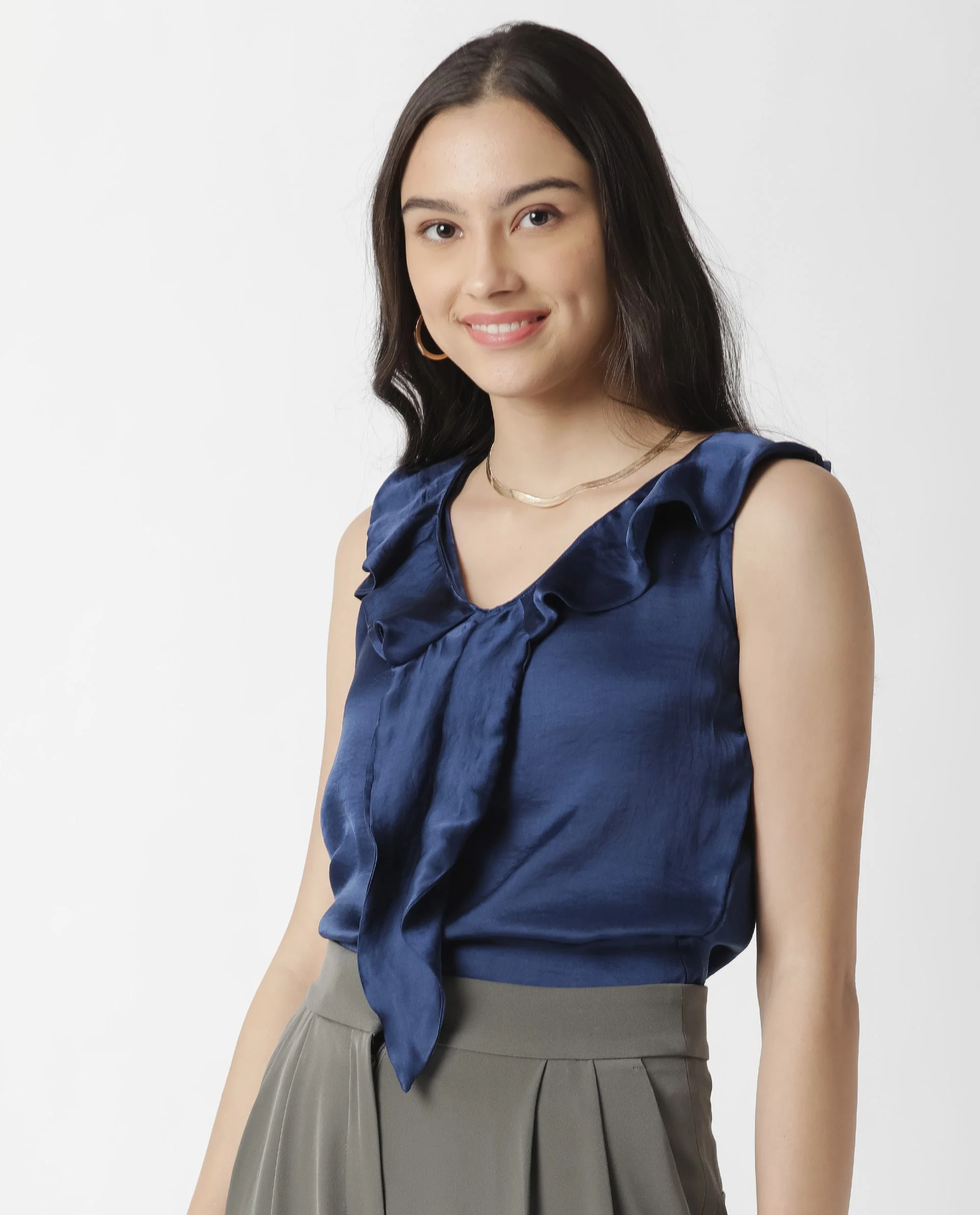 Rareism Womens Wishin Navy Top Modal Fabric Regular Fit Sleeveless Ruffled Neck - Image 6