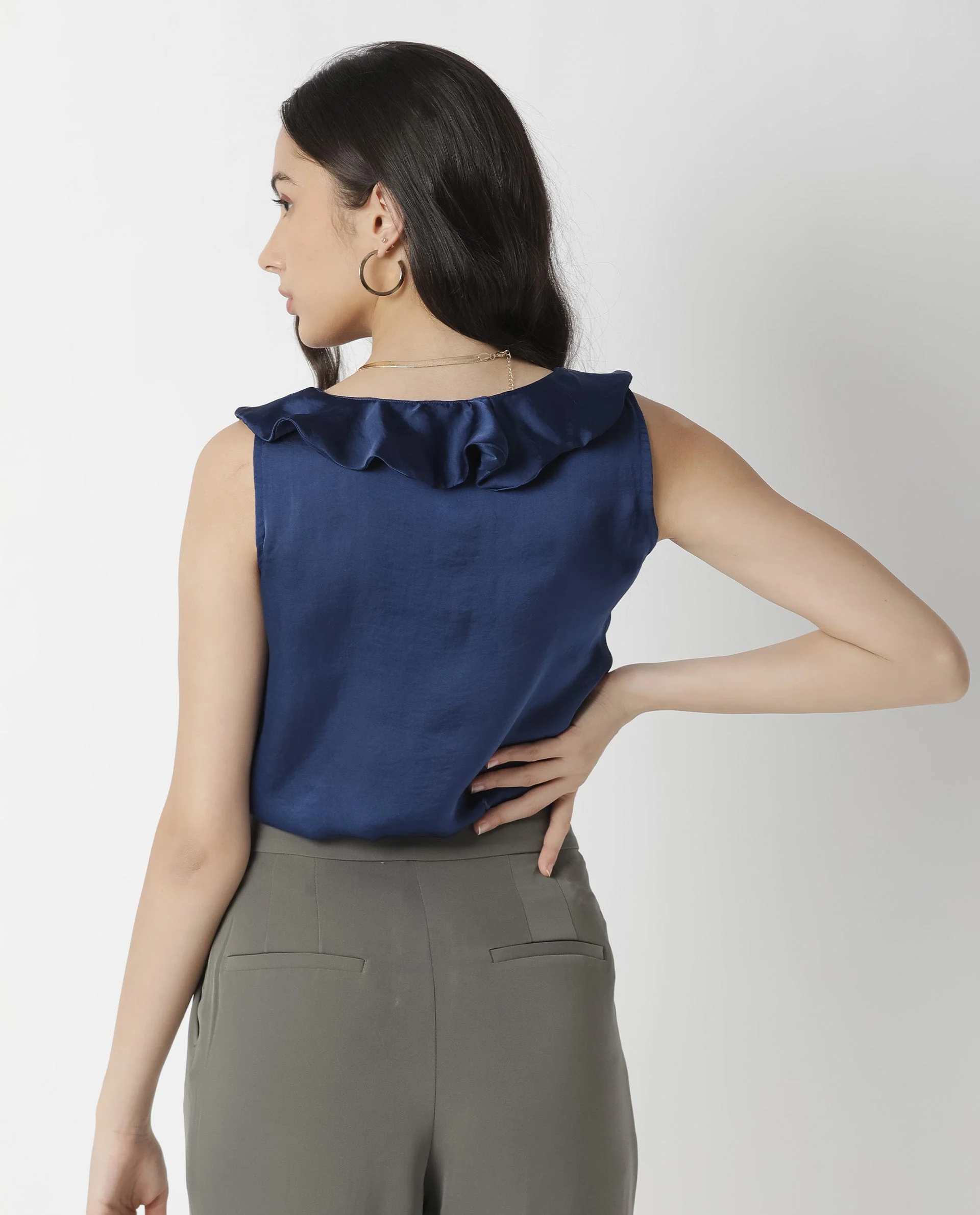 Rareism Womens Wishin Navy Top Modal Fabric Regular Fit Sleeveless Ruffled Neck - Image 7