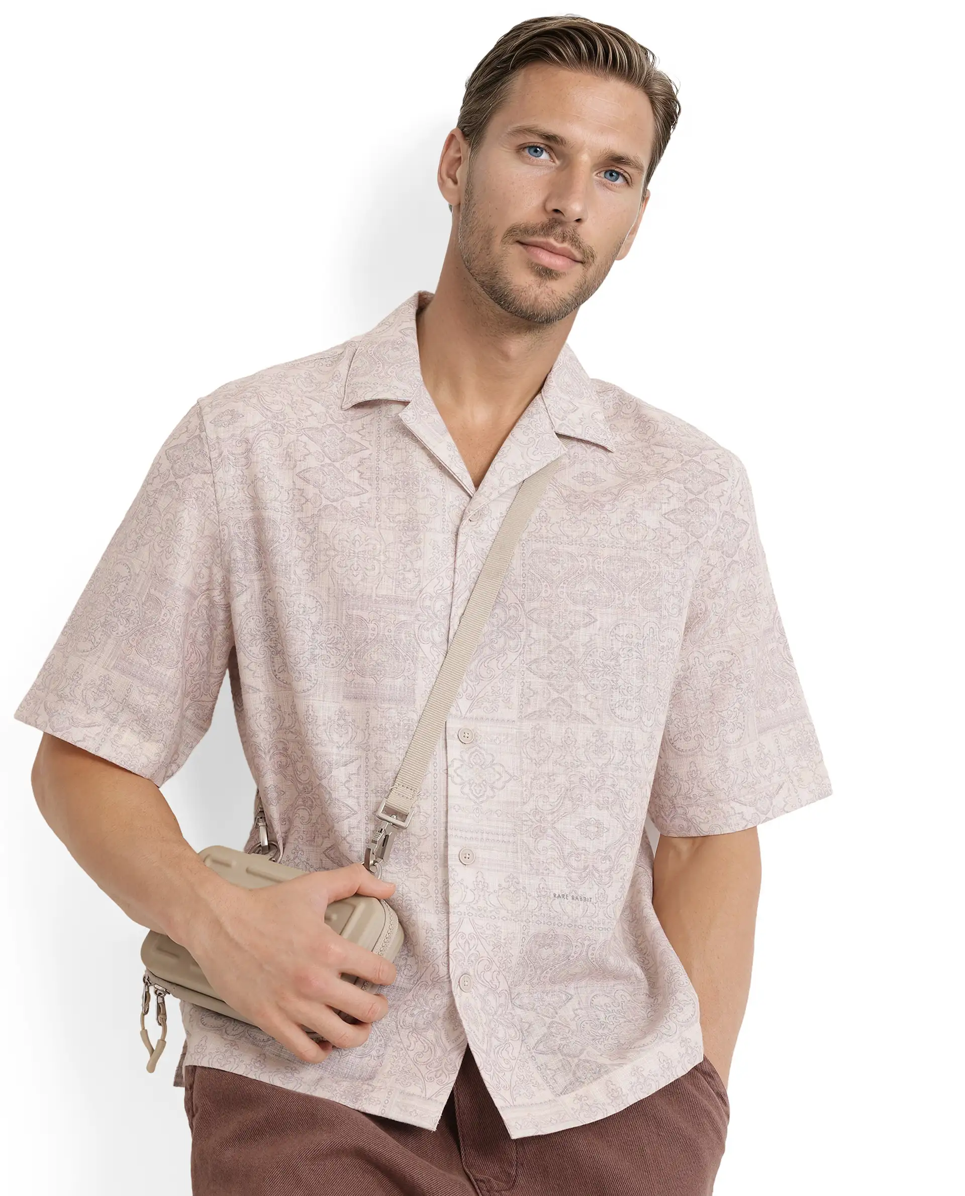 Rare Rabbit Men's Wisp Beige Cotton Paisley Print Boxy Fit Half Sleeve Cuban Collar Shirt