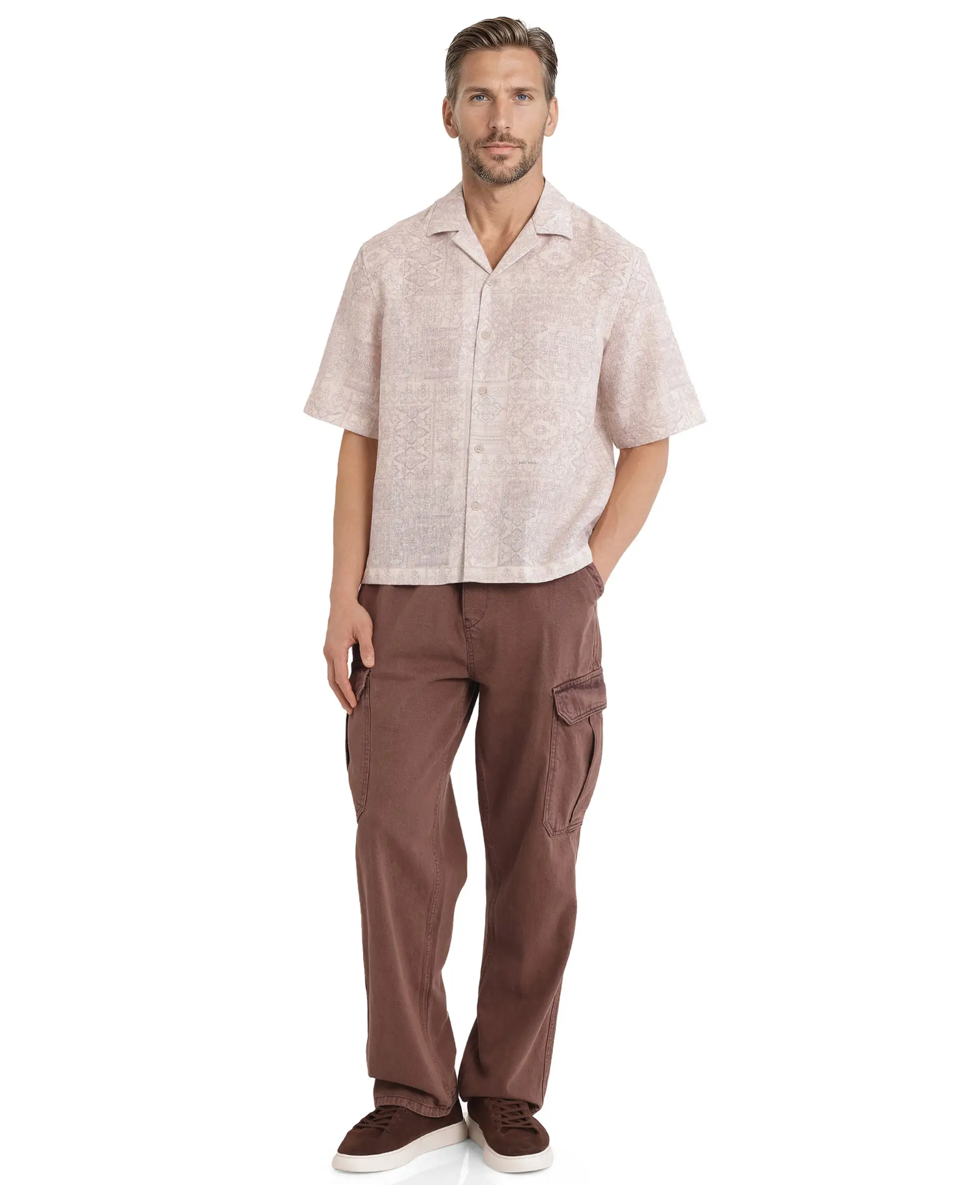 Rare Rabbit Men's Wisp Beige Cotton Paisley Print Boxy Fit Half Sleeve Cuban Collar Shirt - Image 2