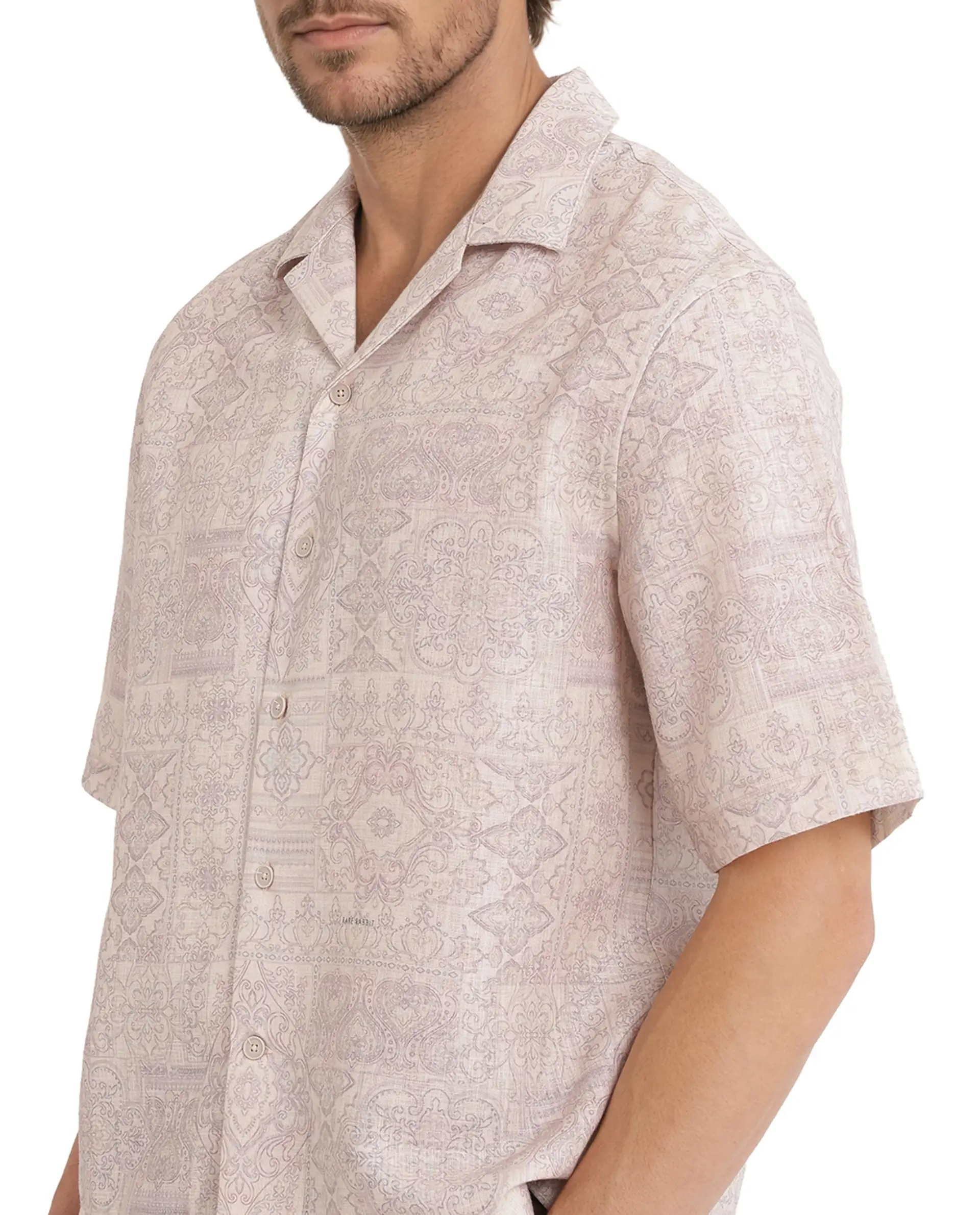 Rare Rabbit Men's Wisp Beige Cotton Paisley Print Boxy Fit Half Sleeve Cuban Collar Shirt - Image 3