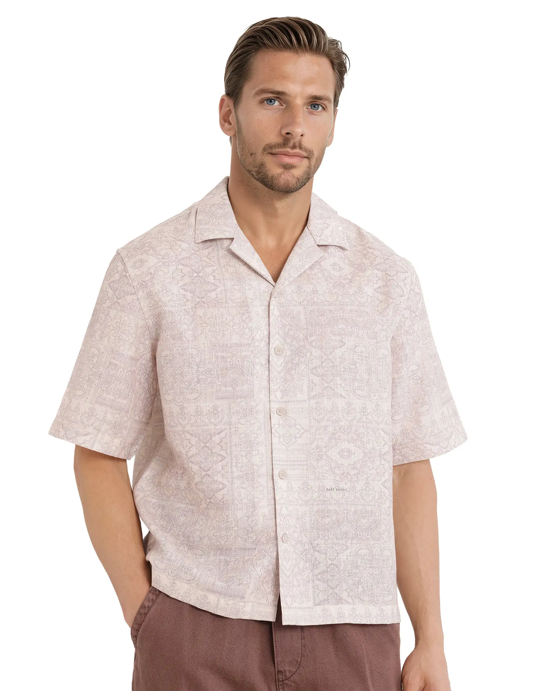 Rare Rabbit Men's Wisp Beige Cotton Paisley Print Boxy Fit Half Sleeve Cuban Collar Shirt - Image 6