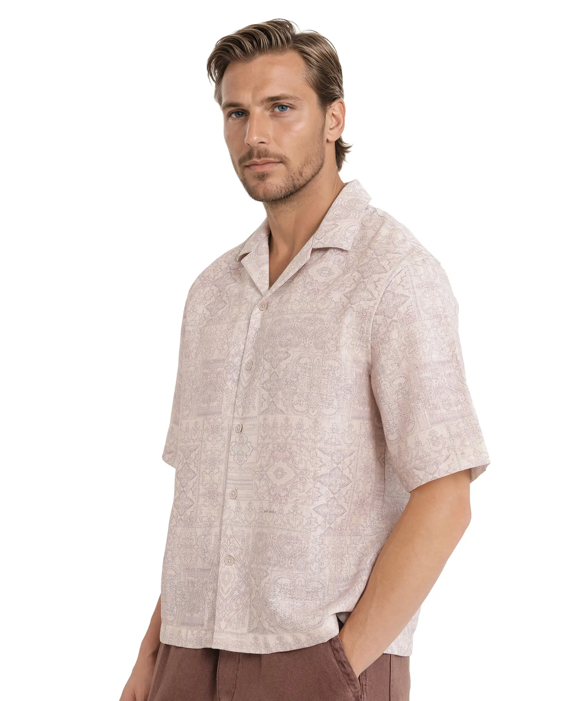 Rare Rabbit Men's Wisp Beige Cotton Paisley Print Boxy Fit Half Sleeve Cuban Collar Shirt - Image 7