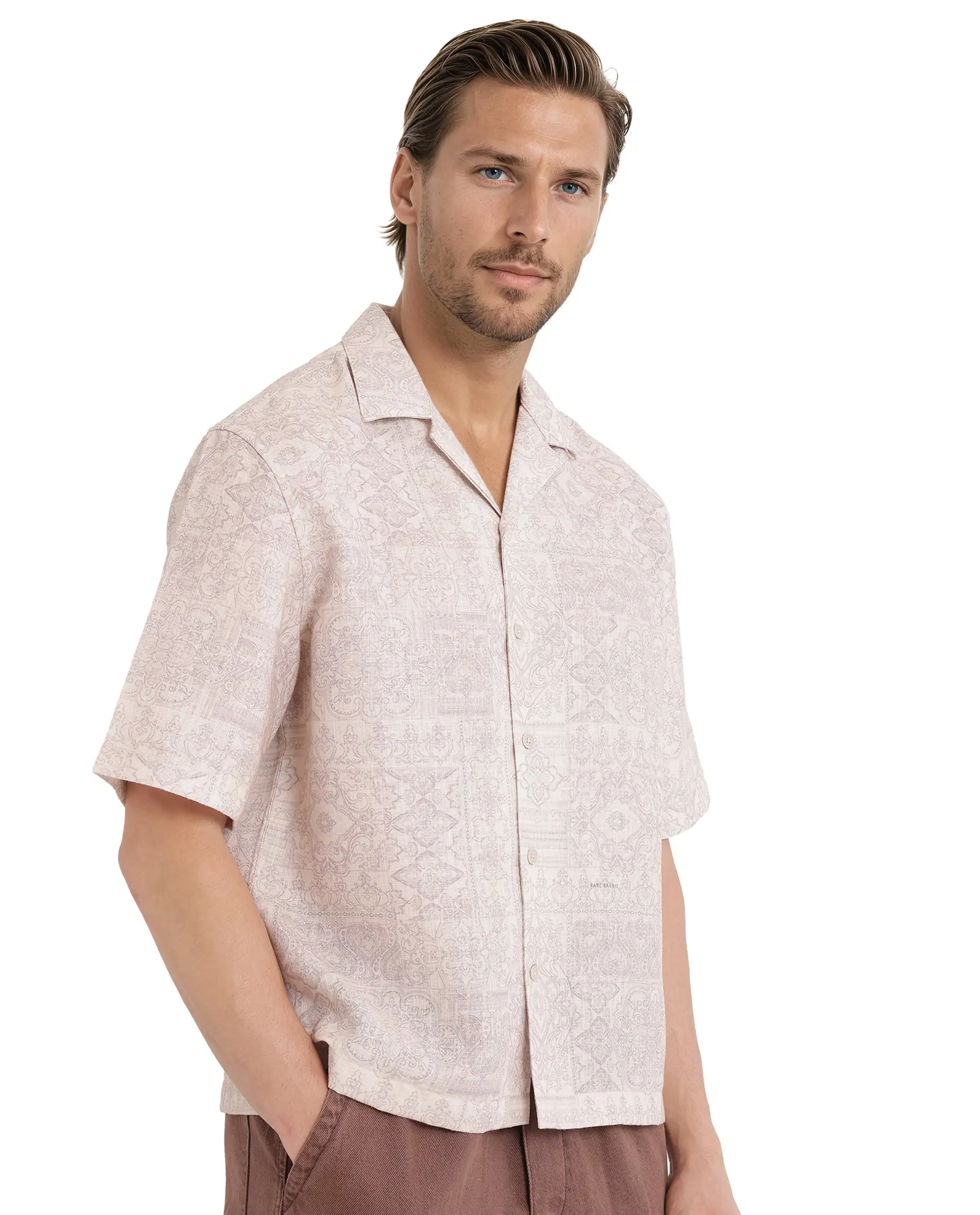 Rare Rabbit Men's Wisp Beige Cotton Paisley Print Boxy Fit Half Sleeve Cuban Collar Shirt - Image 8