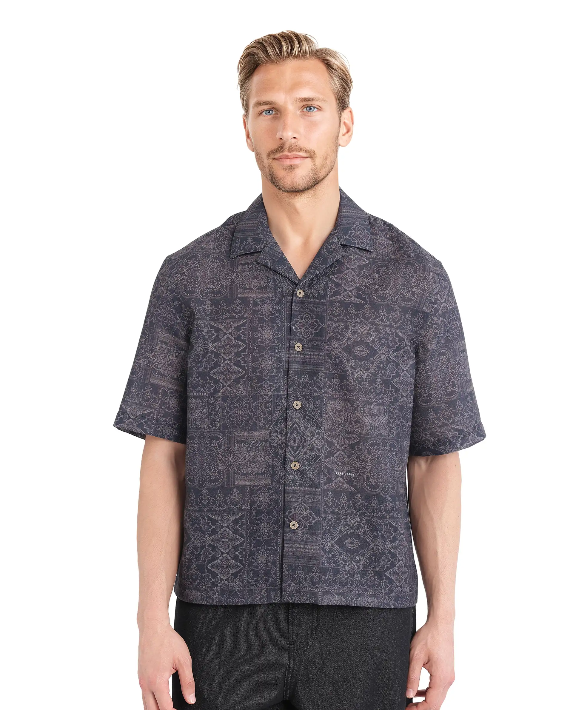Rare Rabbit Men's Wisp Navy Cotton Paisley Print Boxy Fit Half Sleeve Cuban Collar Shirt