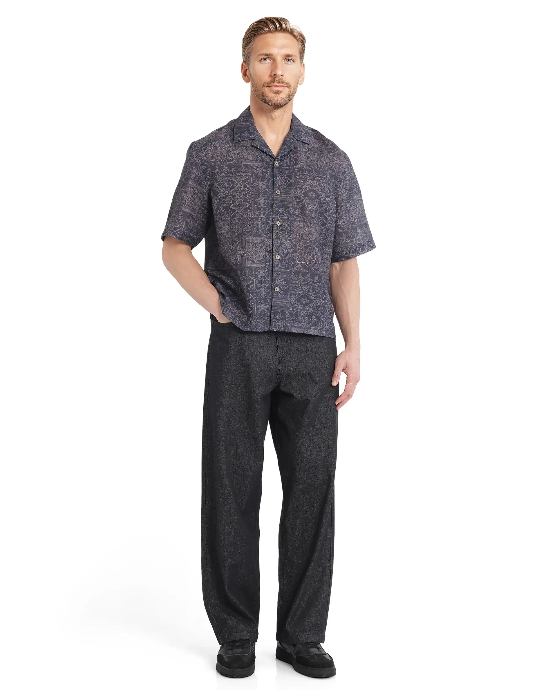 Rare Rabbit Men's Wisp Navy Cotton Paisley Print Boxy Fit Half Sleeve Cuban Collar Shirt - Image 2