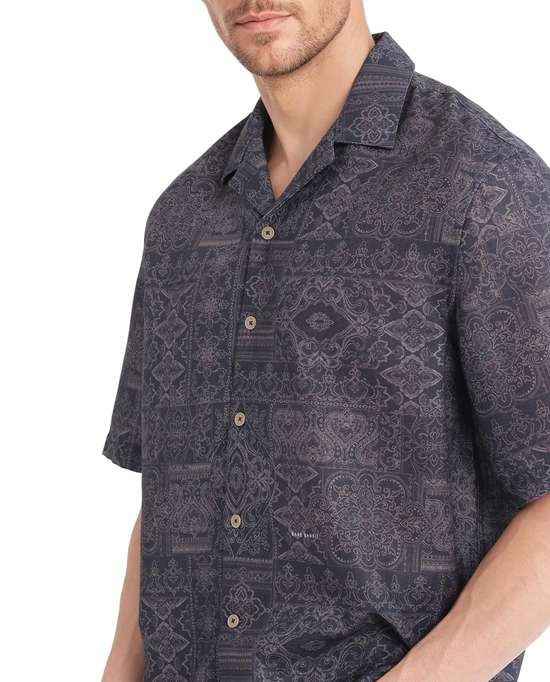 Rare Rabbit Men's Wisp Navy Cotton Paisley Print Boxy Fit Half Sleeve Cuban Collar Shirt - Image 3