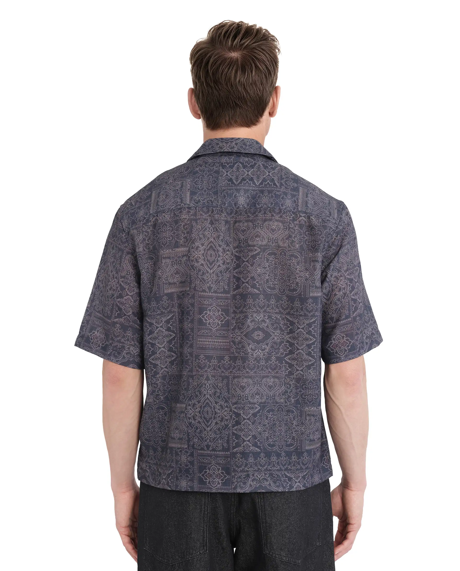Rare Rabbit Men's Wisp Navy Cotton Paisley Print Boxy Fit Half Sleeve Cuban Collar Shirt - Image 4