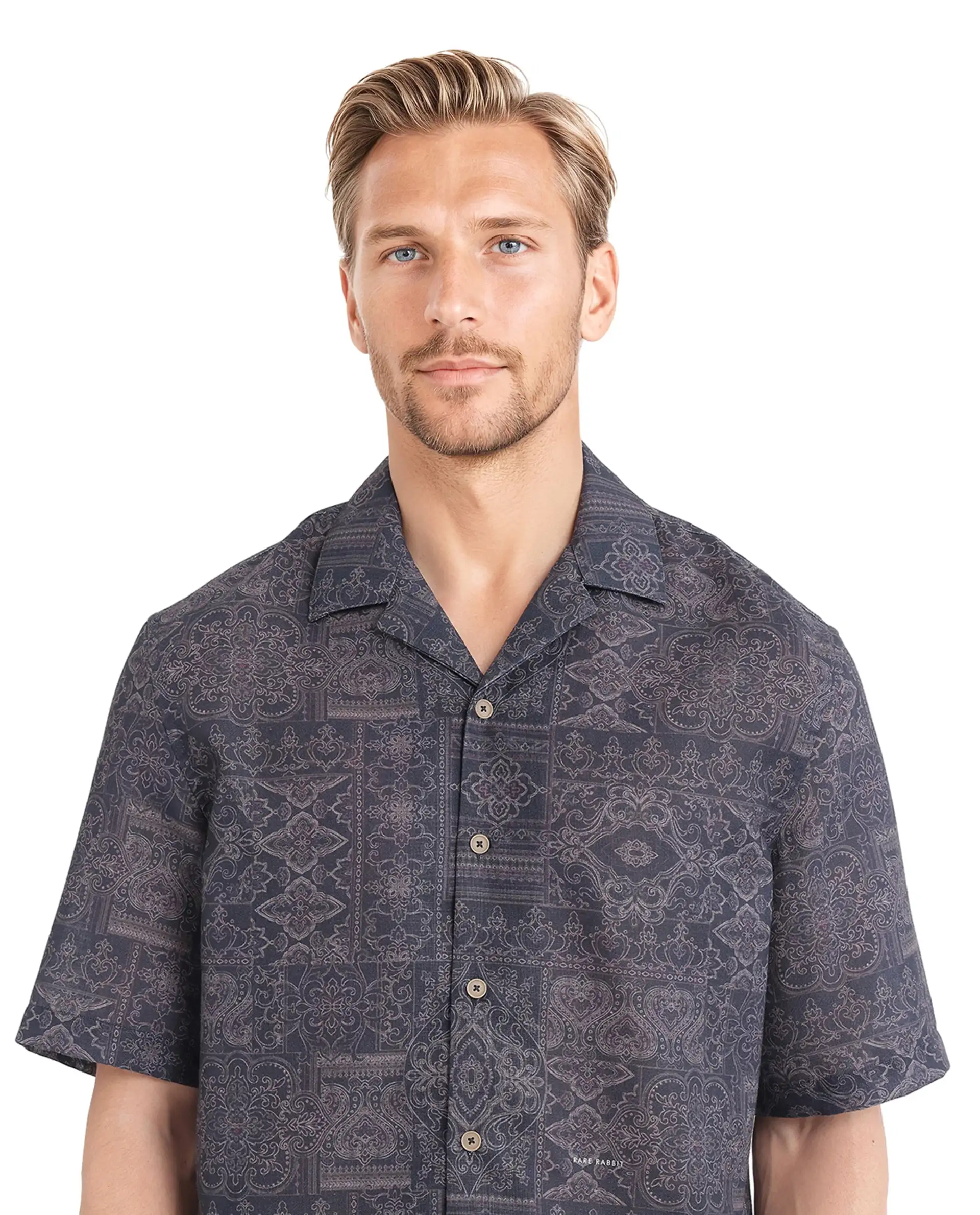 Rare Rabbit Men's Wisp Navy Cotton Paisley Print Boxy Fit Half Sleeve Cuban Collar Shirt - Image 5