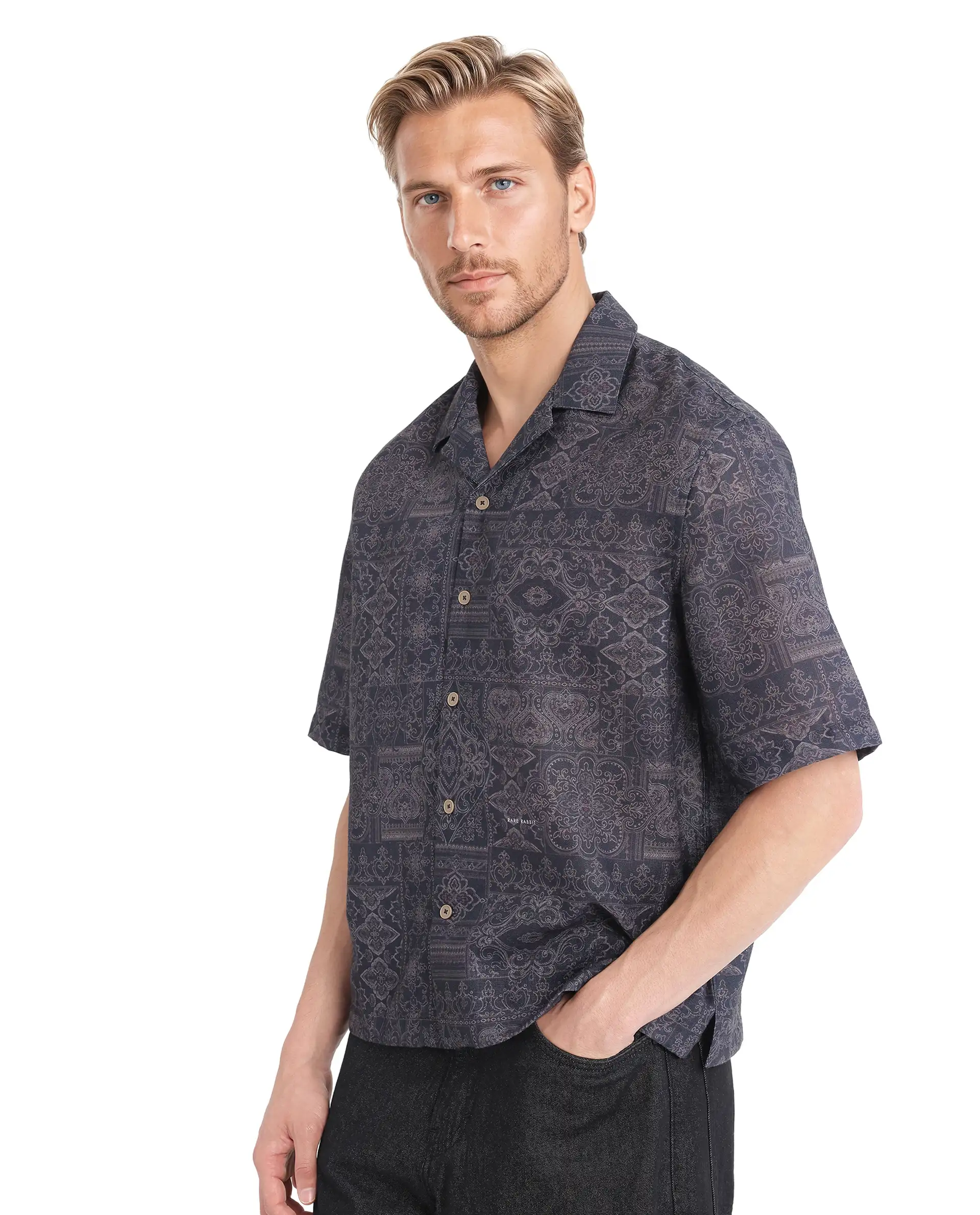 Rare Rabbit Men's Wisp Navy Cotton Paisley Print Boxy Fit Half Sleeve Cuban Collar Shirt - Image 6