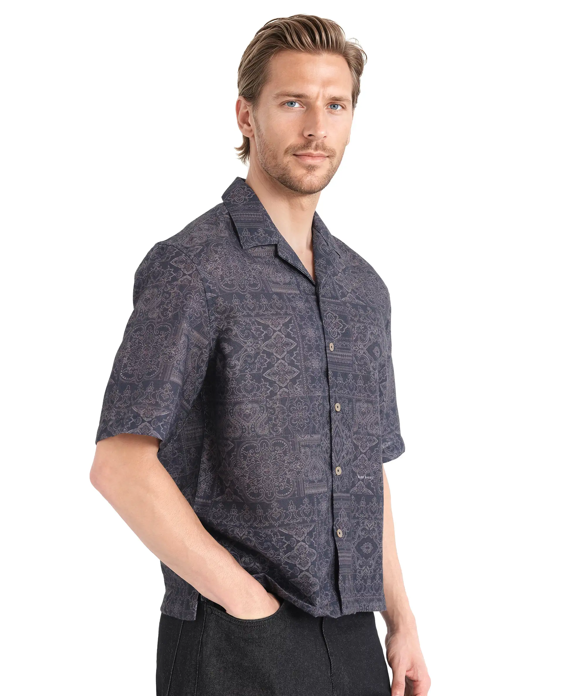 Rare Rabbit Men's Wisp Navy Cotton Paisley Print Boxy Fit Half Sleeve Cuban Collar Shirt - Image 7
