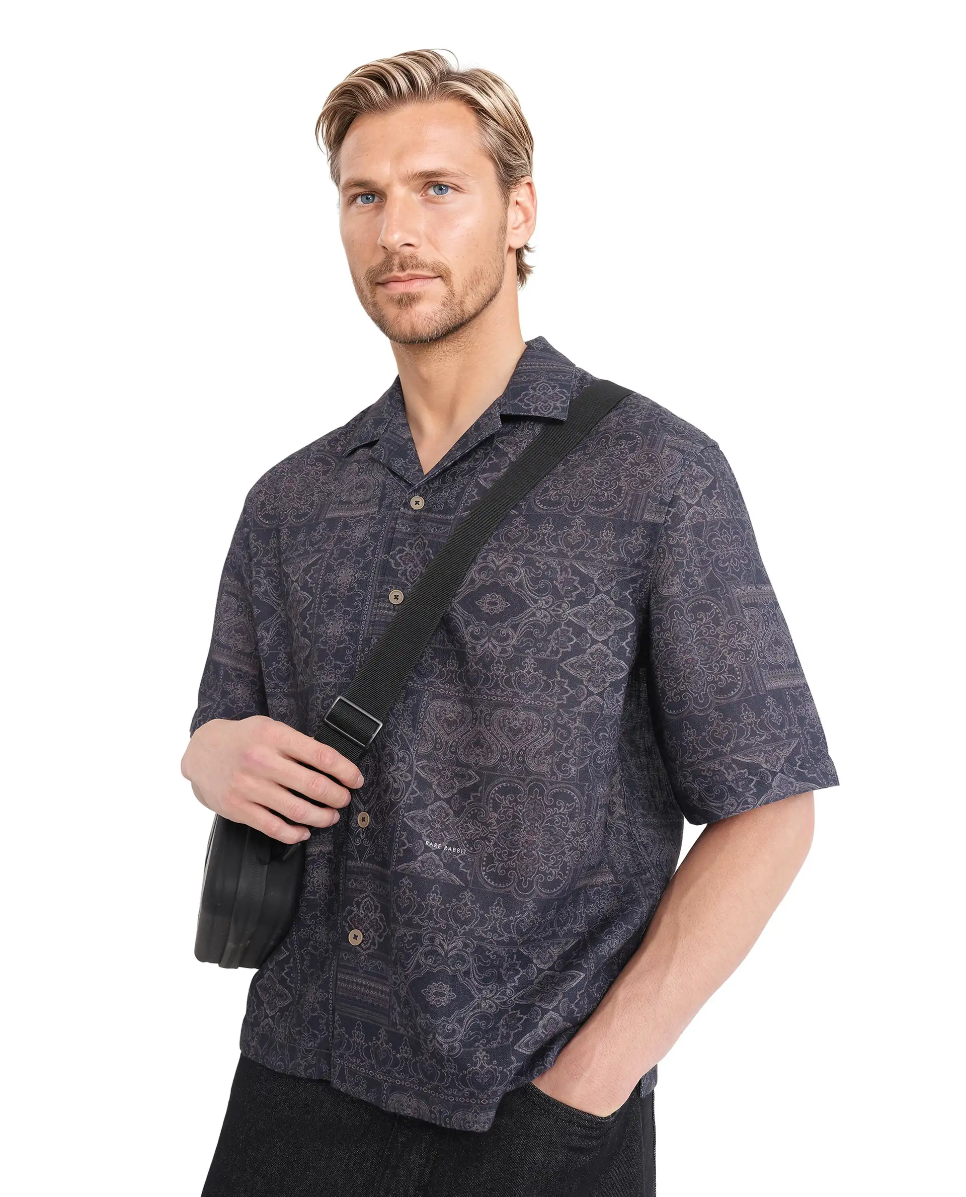 Rare Rabbit Men's Wisp Navy Cotton Paisley Print Boxy Fit Half Sleeve Cuban Collar Shirt - Image 8