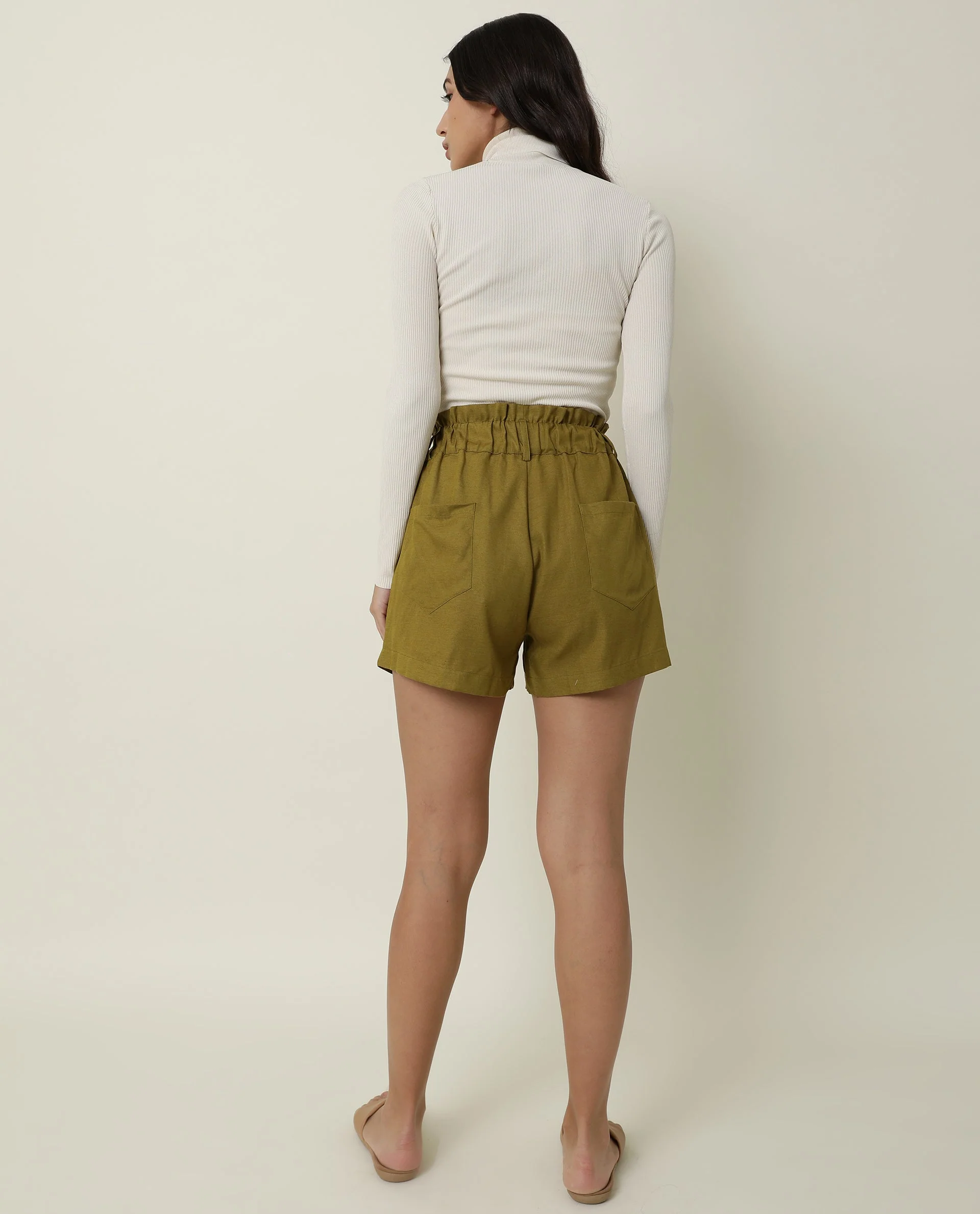 Rareism Women's Wobble Olive Cotton Plain Regular Fit Shorts - Image 4