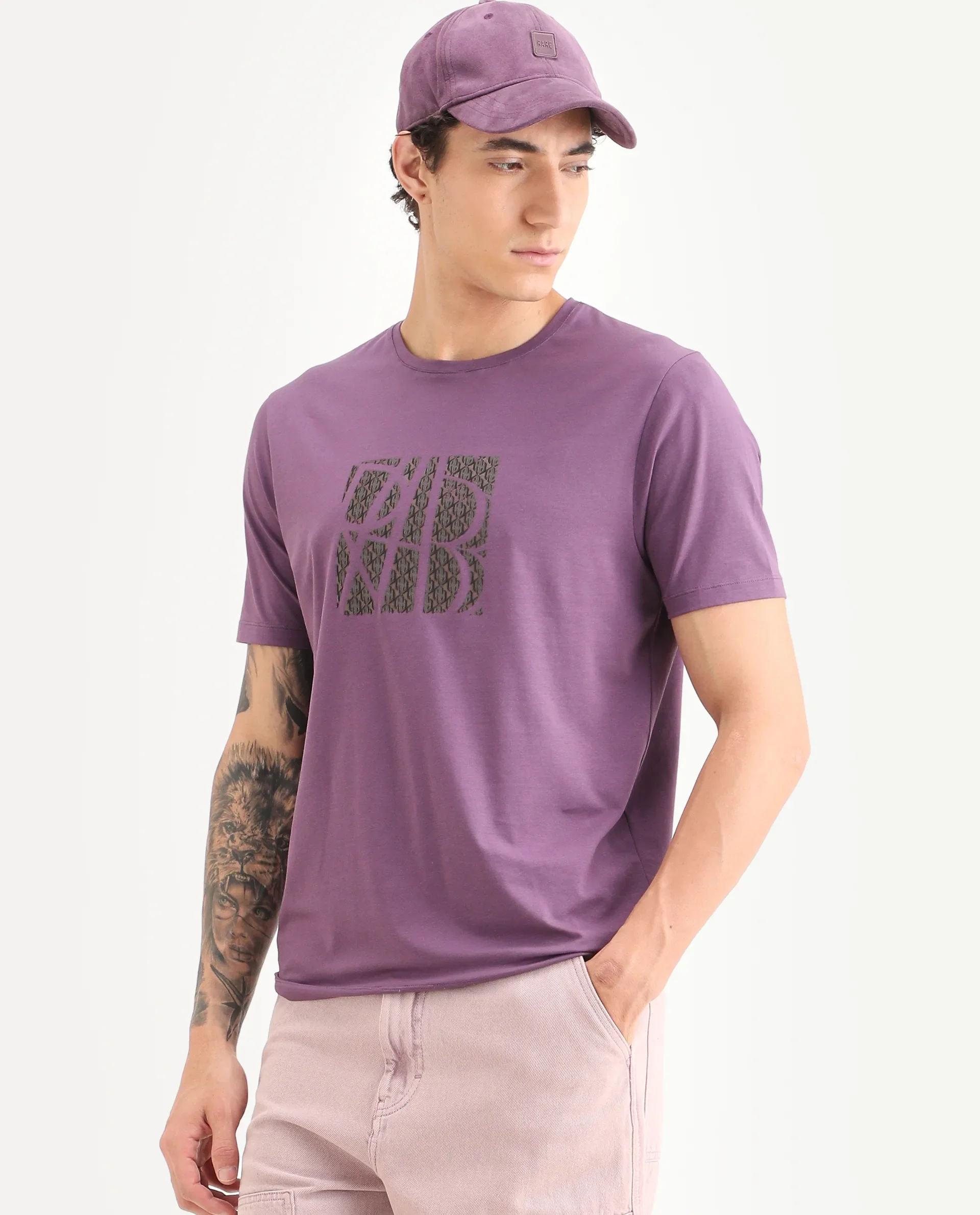 Rare Rabbit Men's Wog Dusky Purple Cotton Blend Fabric Half Sleeve Crew Neck Regular Fit Graphic Print T-Shirt