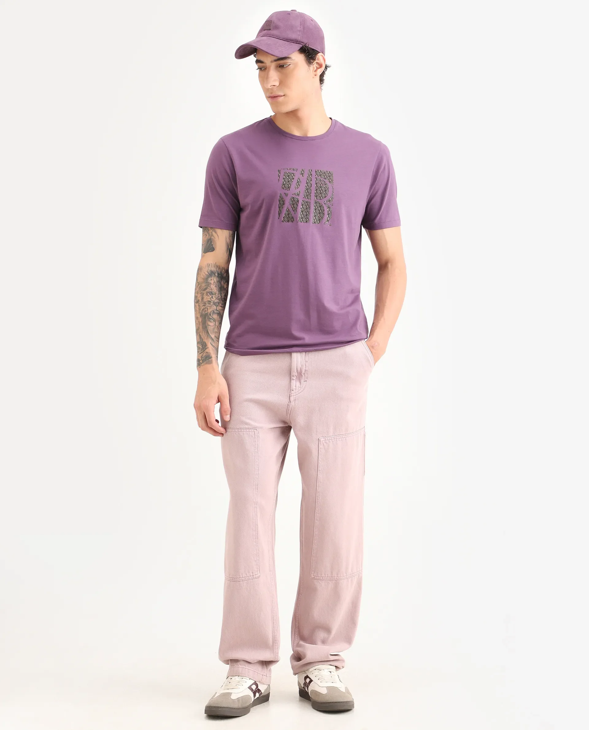 Rare Rabbit Men's Wog Dusky Purple Cotton Blend Fabric Half Sleeve Crew Neck Regular Fit Graphic Print T-Shirt - Image 2