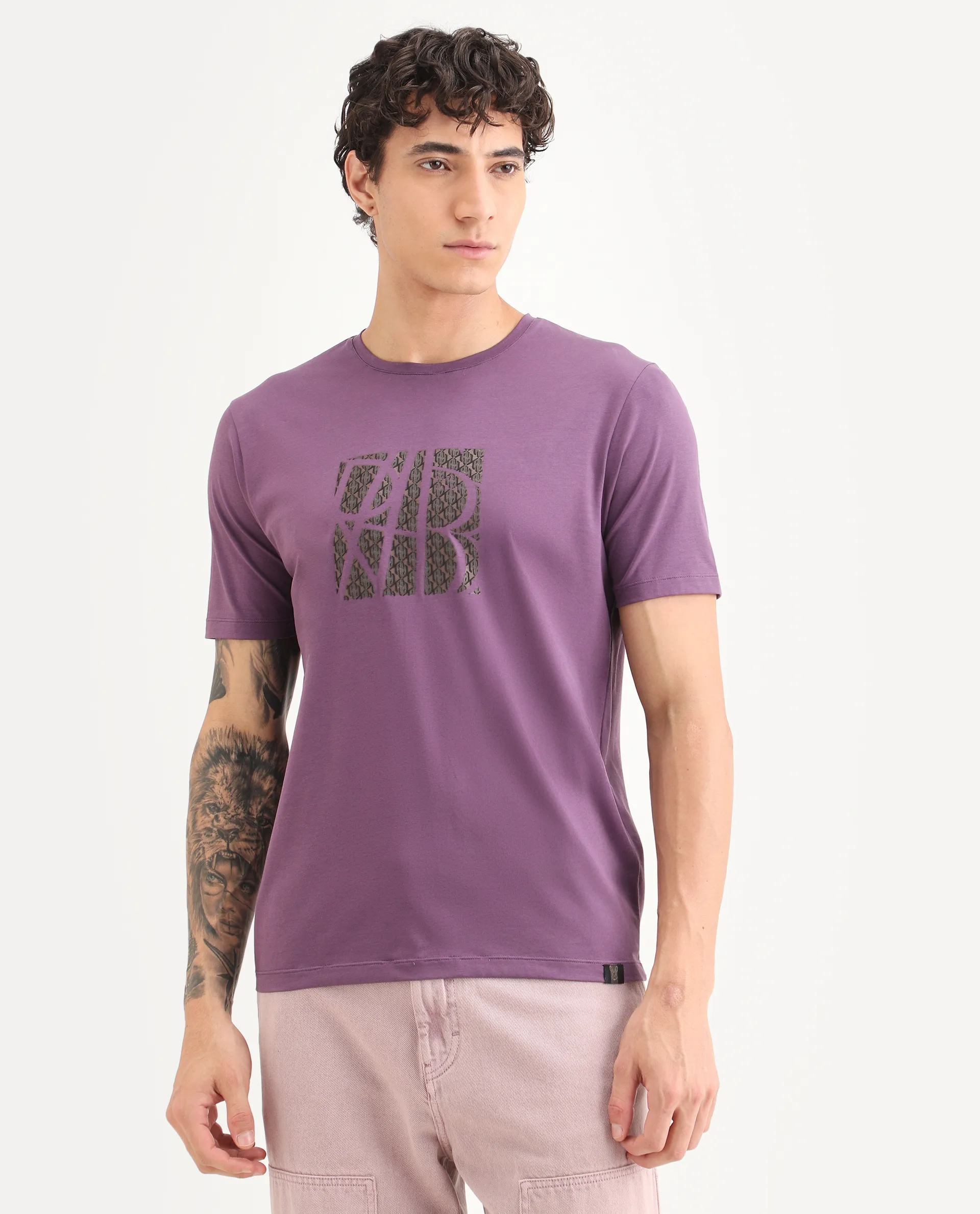 Rare Rabbit Men's Wog Dusky Purple Cotton Blend Fabric Half Sleeve Crew Neck Regular Fit Graphic Print T-Shirt - Image 4