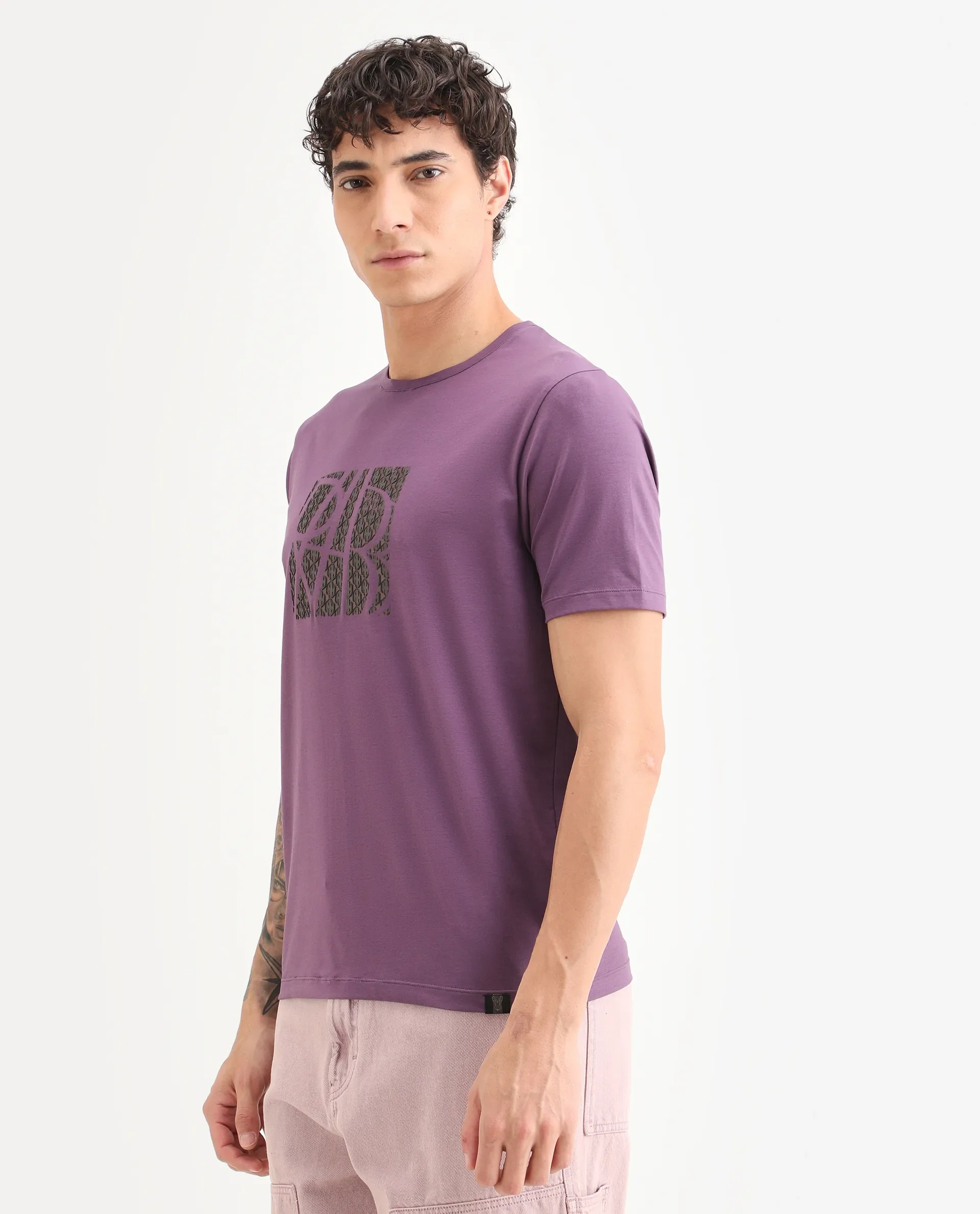 Rare Rabbit Men's Wog Dusky Purple Cotton Blend Fabric Half Sleeve Crew Neck Regular Fit Graphic Print T-Shirt - Image 5