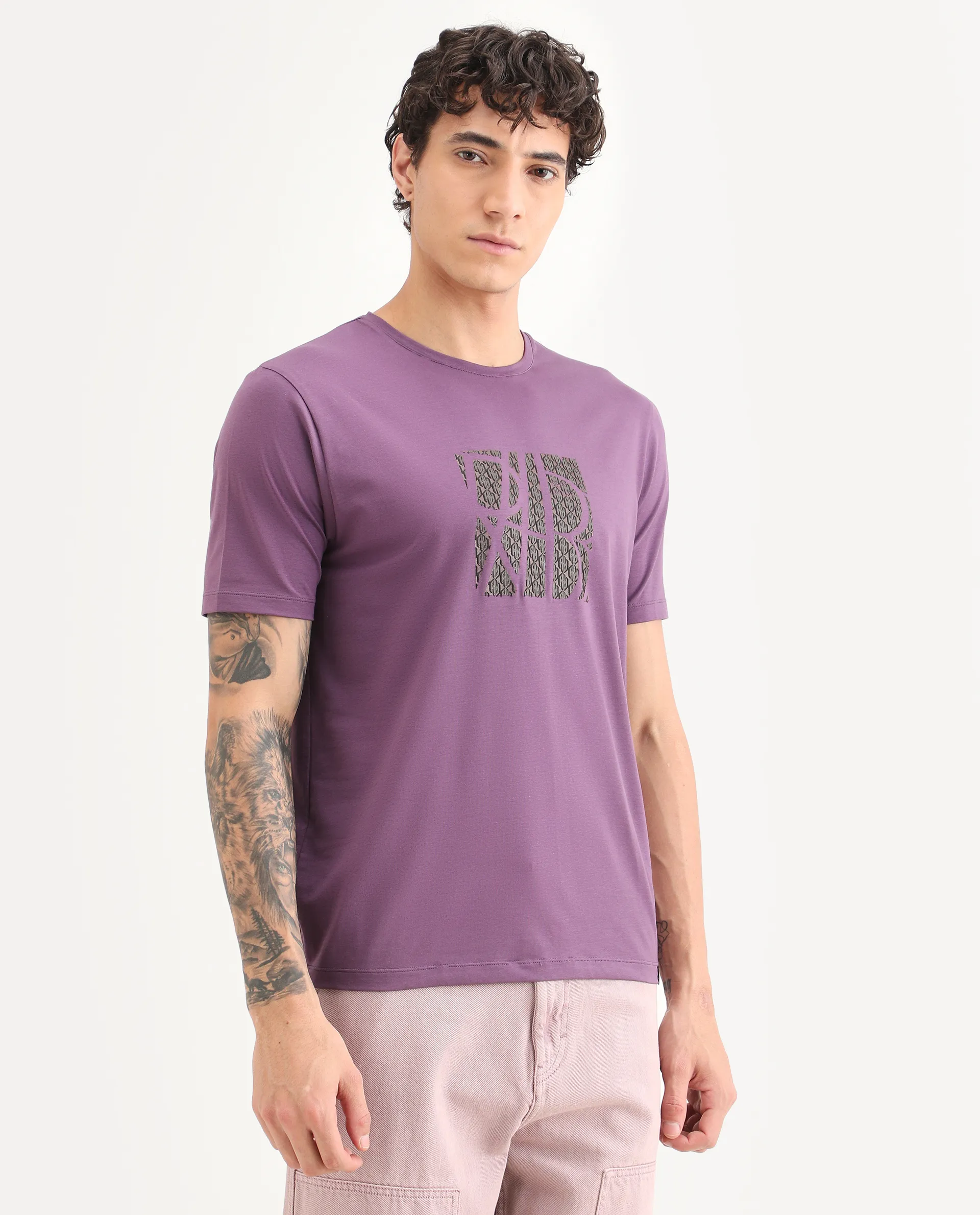 Rare Rabbit Men's Wog Dusky Purple Cotton Blend Fabric Half Sleeve Crew Neck Regular Fit Graphic Print T-Shirt - Image 6