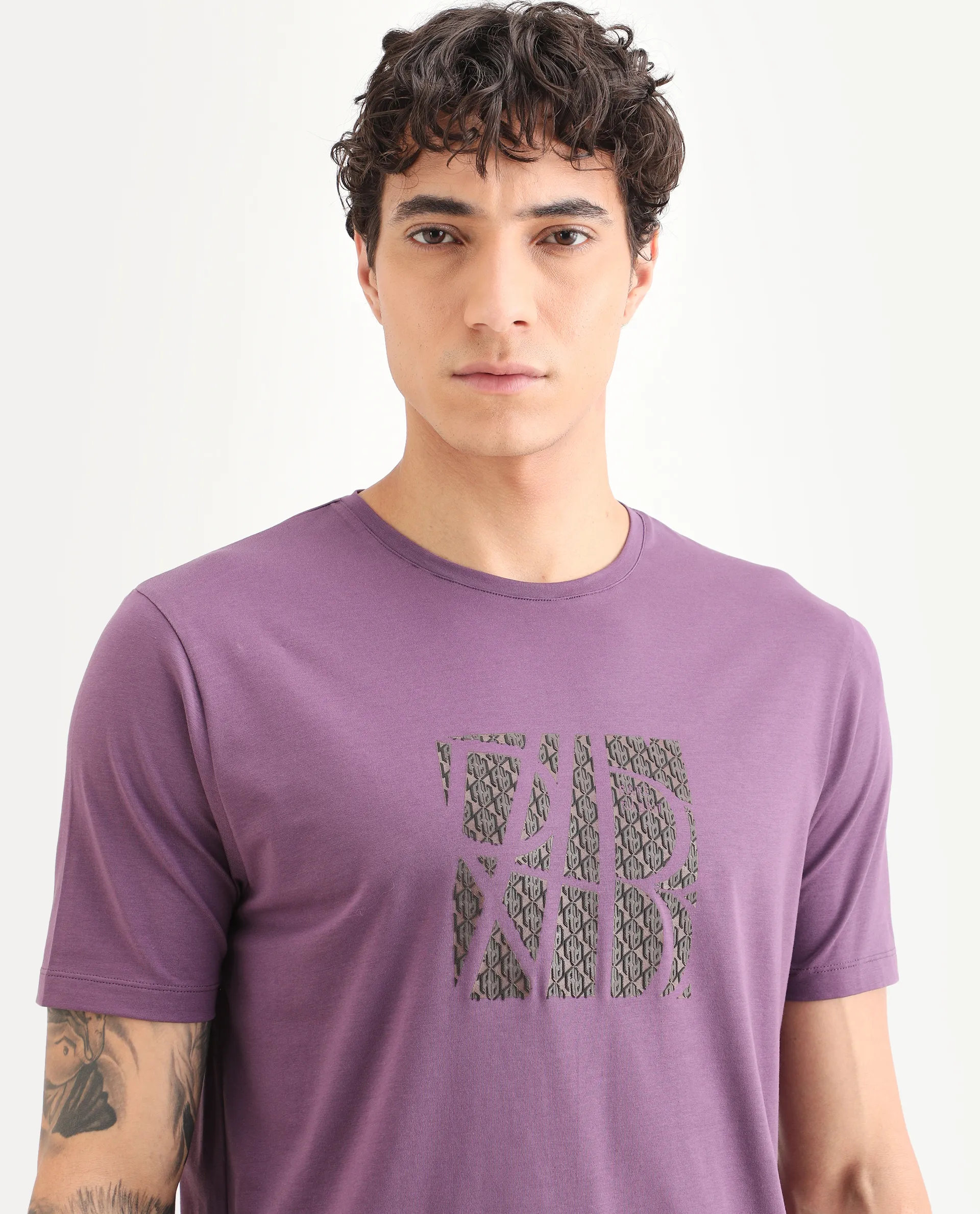 Rare Rabbit Men's Wog Dusky Purple Cotton Blend Fabric Half Sleeve Crew Neck Regular Fit Graphic Print T-Shirt - Image 7
