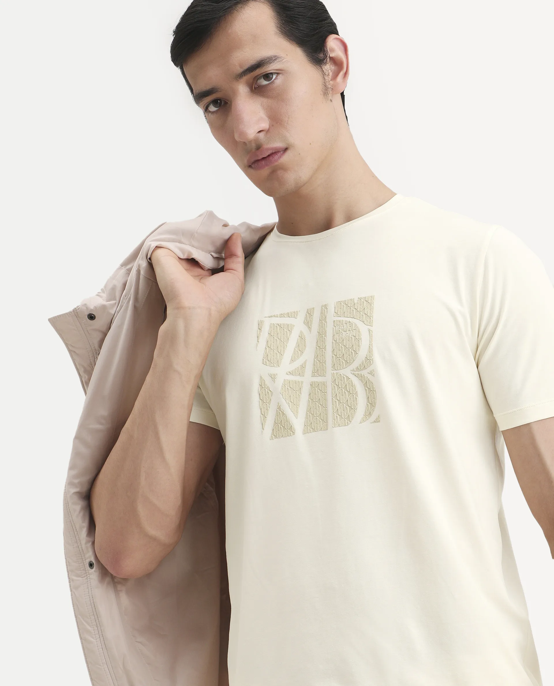 Rare Rabbit Men's Wog Pastel Yellow Cotton Blend Fabric Half Sleeve Crew Neck Regular Fit Graphic Print T-Shirt