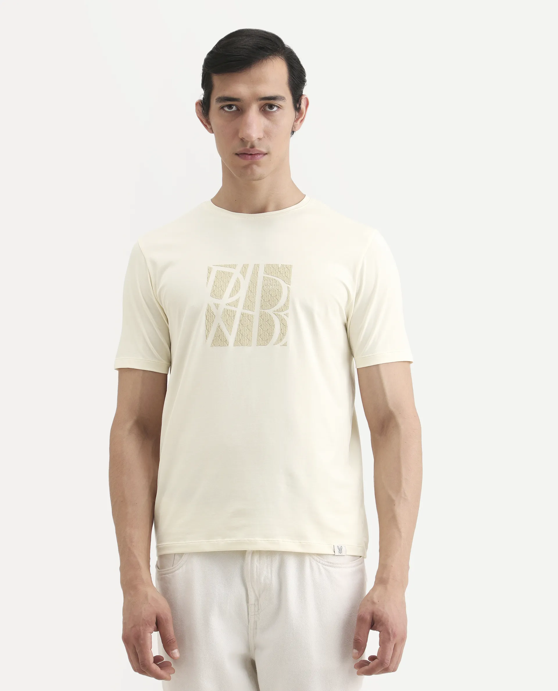 Rare Rabbit Men's Wog Pastel Yellow Cotton Blend Fabric Half Sleeve Crew Neck Regular Fit Graphic Print T-Shirt - Image 4