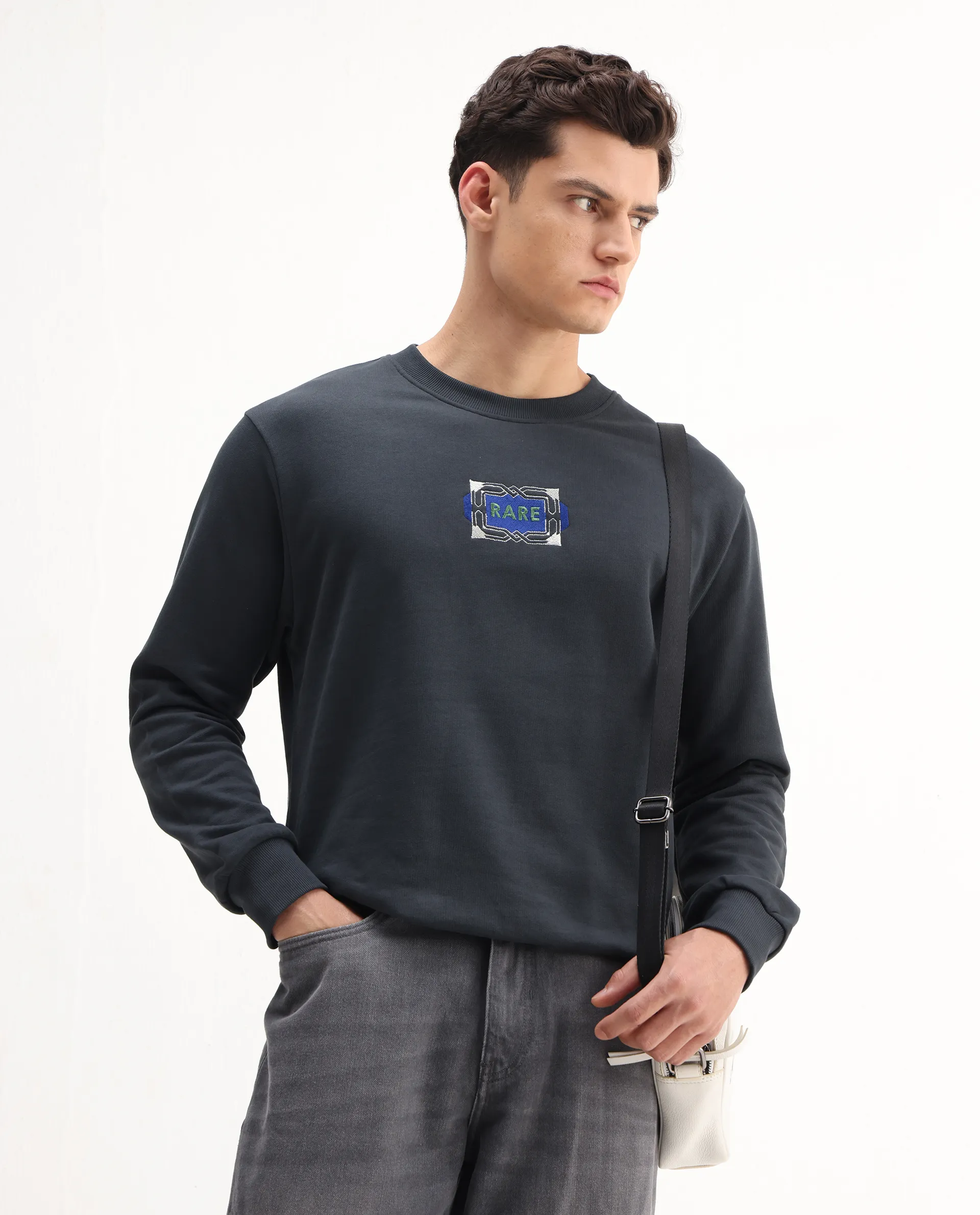 Rare Rabbit Men's Wolf Dark Grey Cotton Embroidered Regular Fit Full Sleeve Crew Neck Sweatshirt