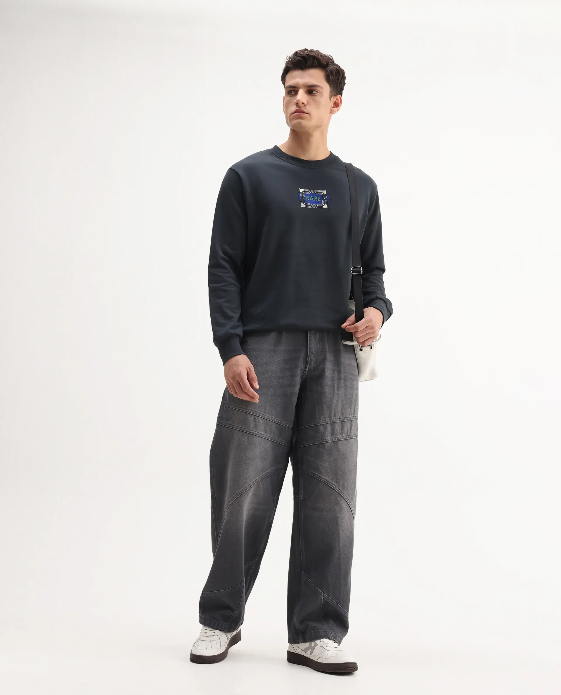 Rare Rabbit Men's Wolf Dark Grey Cotton Embroidered Regular Fit Full Sleeve Crew Neck Sweatshirt - Image 2