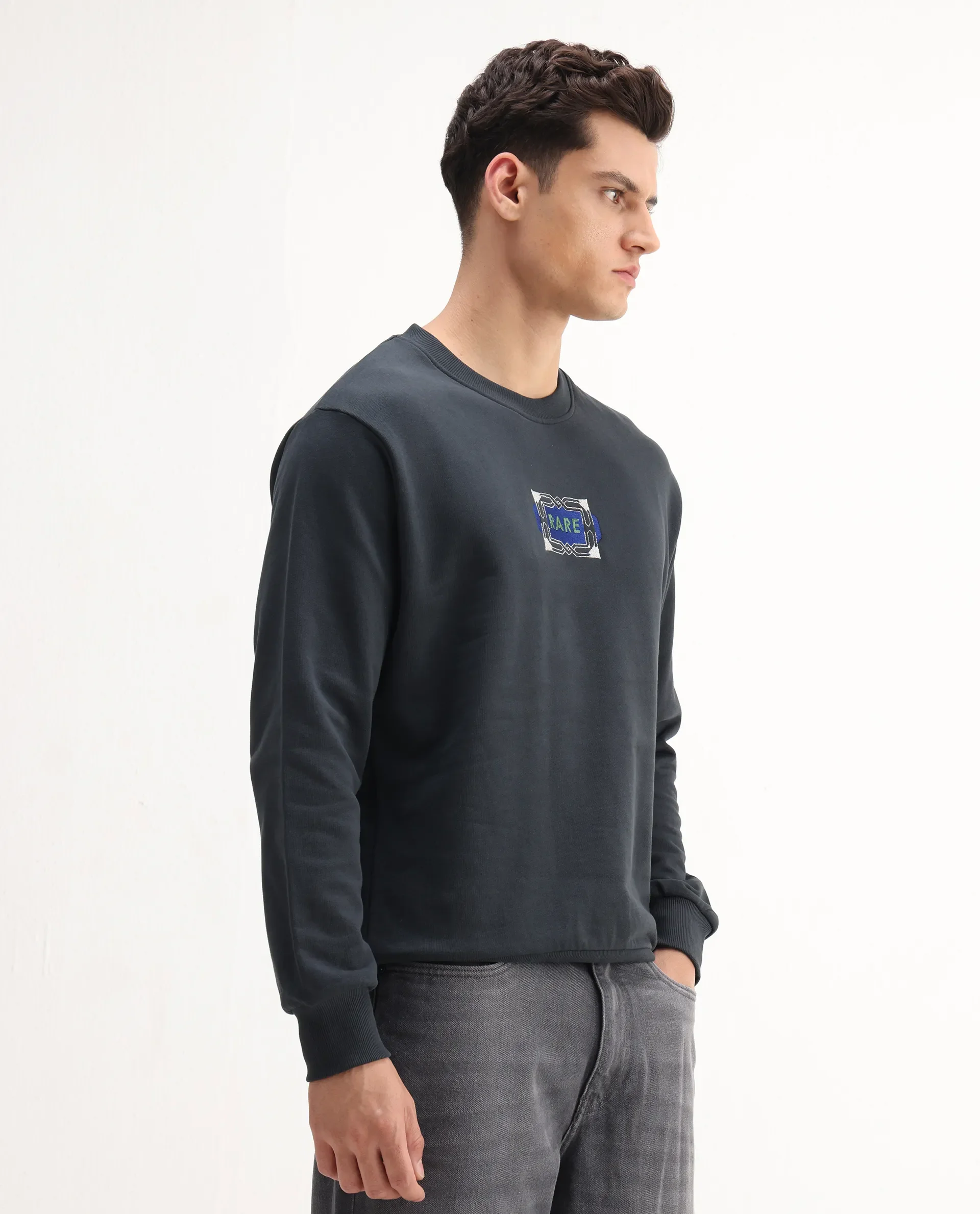 Rare Rabbit Men's Wolf Dark Grey Cotton Embroidered Regular Fit Full Sleeve Crew Neck Sweatshirt - Image 5