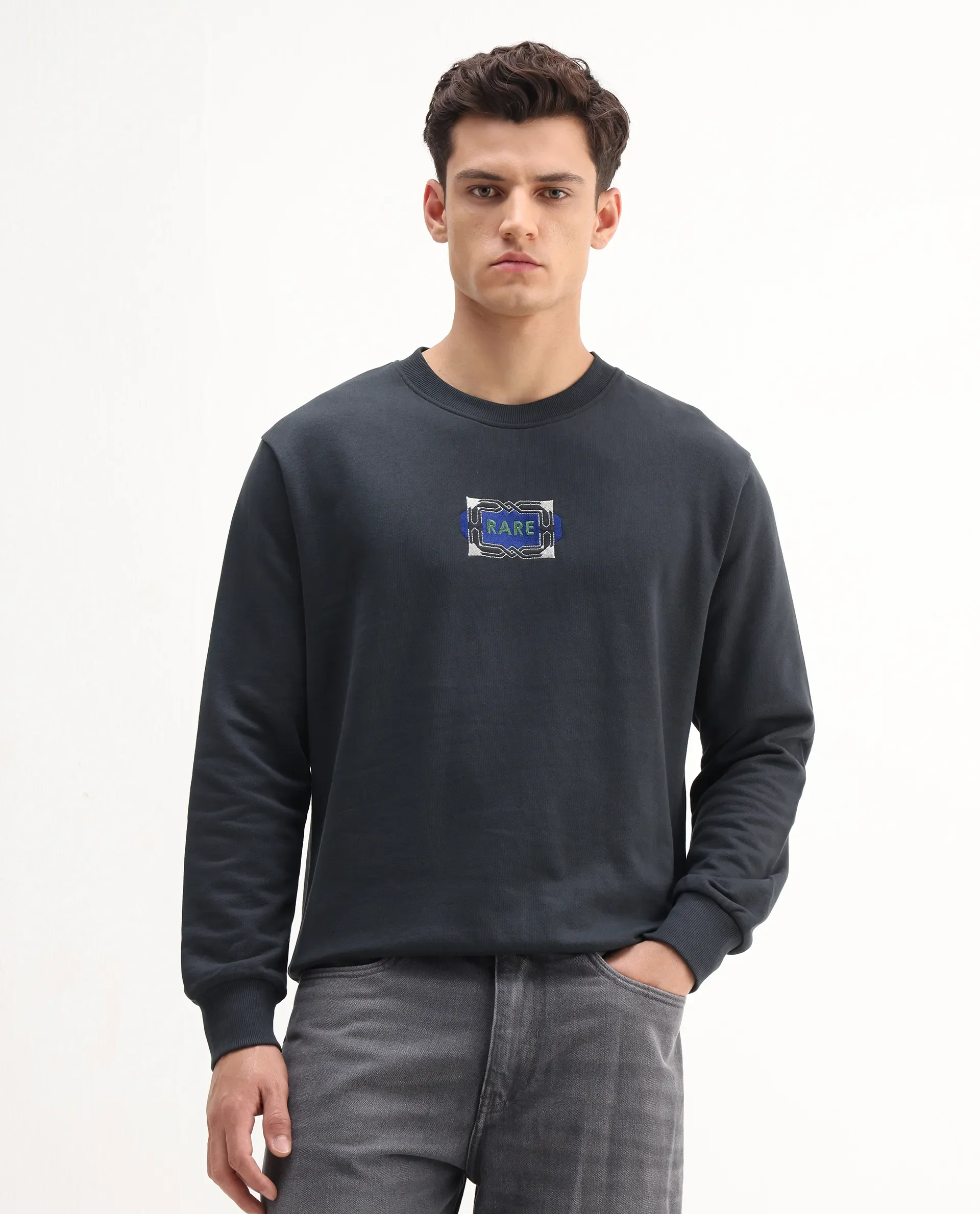 Rare Rabbit Men's Wolf Dark Grey Cotton Embroidered Regular Fit Full Sleeve Crew Neck Sweatshirt - Image 6