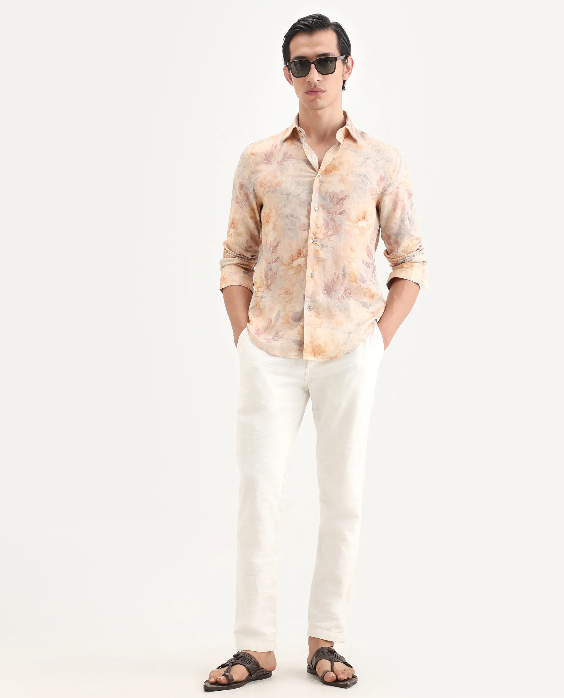 Rare Rabbit Men's Wolo Beige Linen Blend Fabric Full Sleeve Spread Collar Regular Fit Floral Print Shirt - Image 2